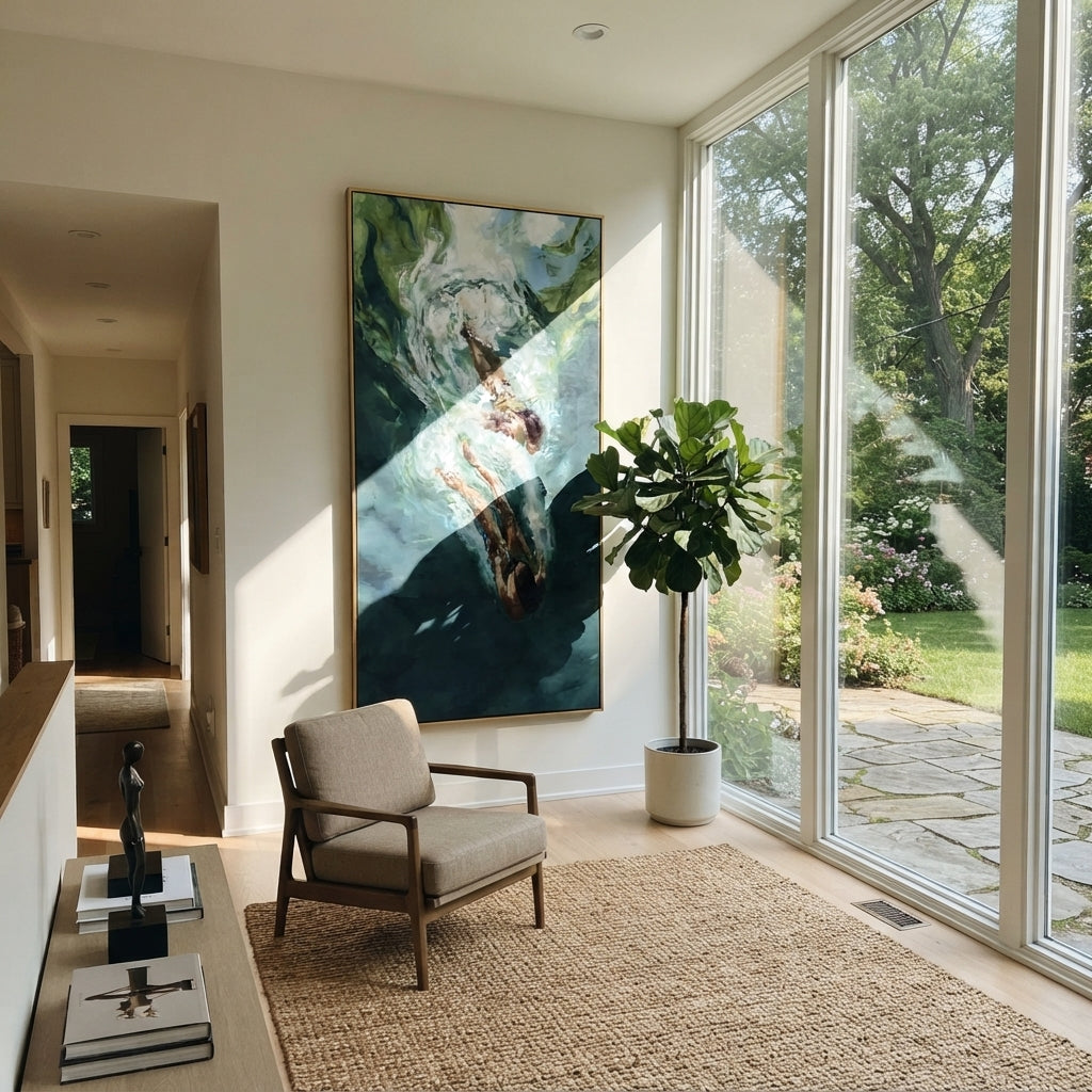 Into the Deep Current - diving swimmer painting shown in modern room setting 2