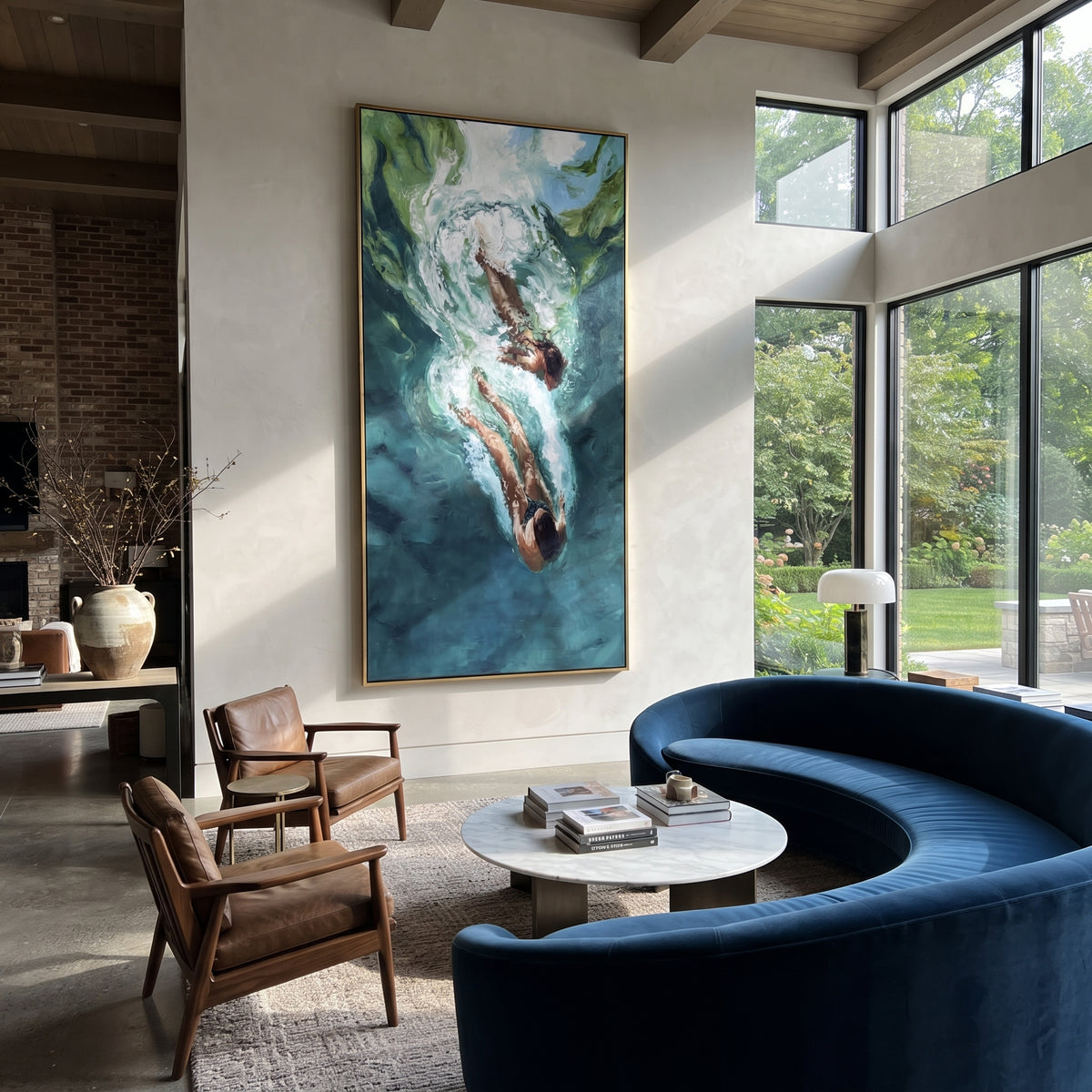 Into the Deep Current - diving swimmer painting shown in modern room setting 3