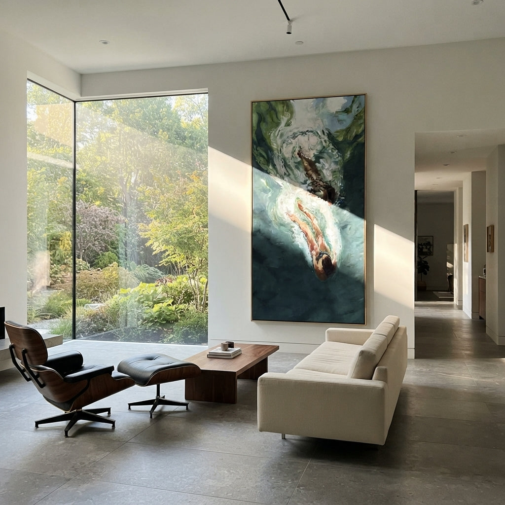 Into the Deep Current - diving swimmer painting shown in modern room setting 5