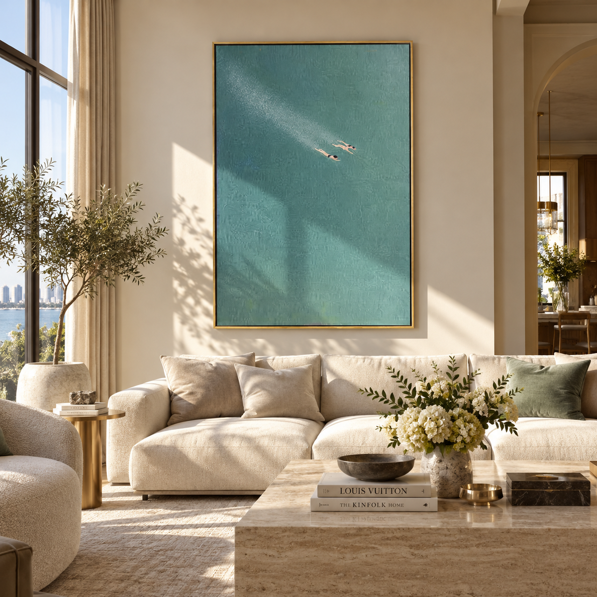 Two Under Blue Light - swimmers painting shown in modern room setting 2