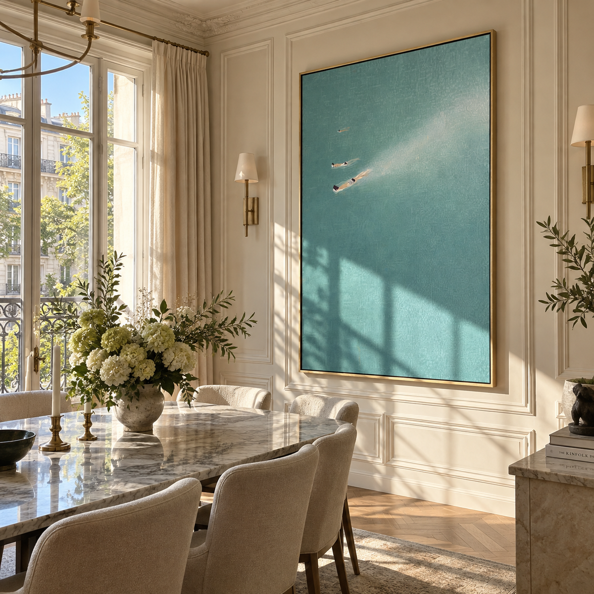 Blue Water Companions - two swimmers painting displayed in a styled interior