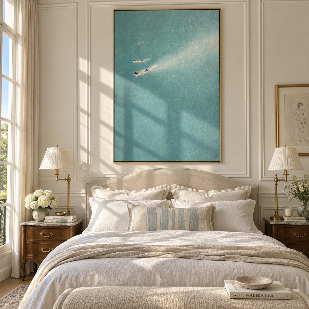 Blue Water Companions - two swimmers painting shown in modern room setting 2