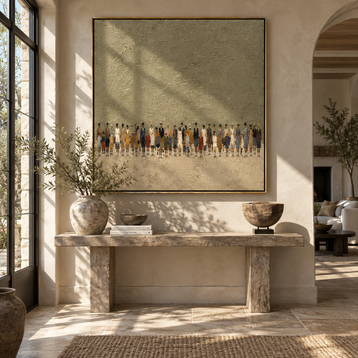 The Waiting Line - figurative crowd painting displayed in a styled interior