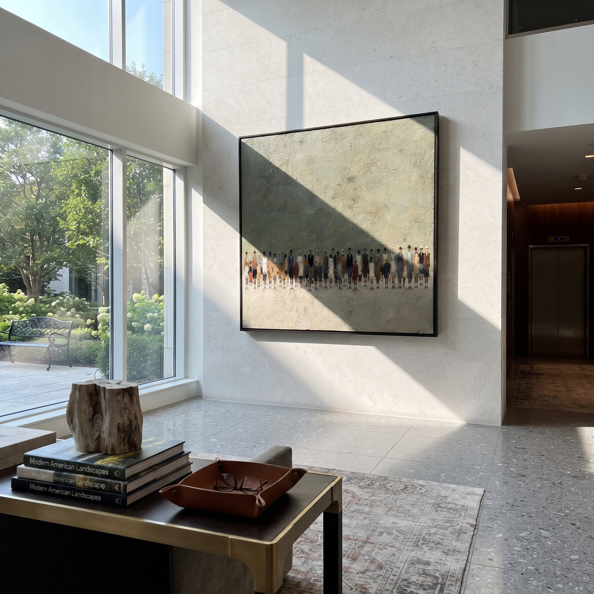 The Waiting Line - figurative crowd painting shown in modern room setting 2