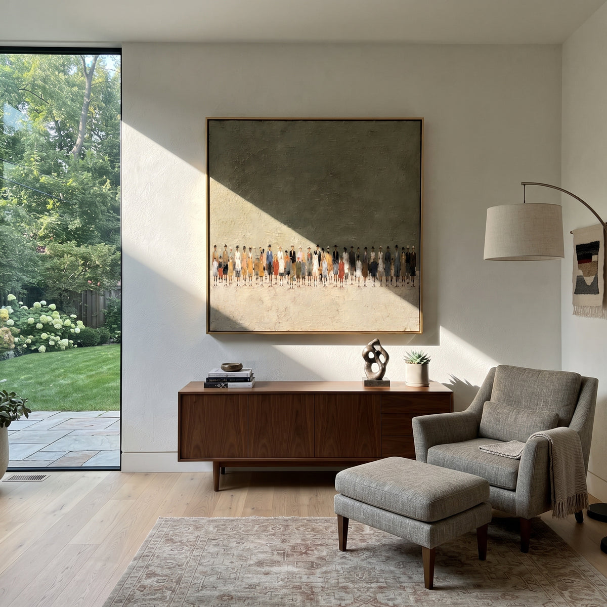 The Waiting Line - figurative crowd painting shown in modern room setting 4