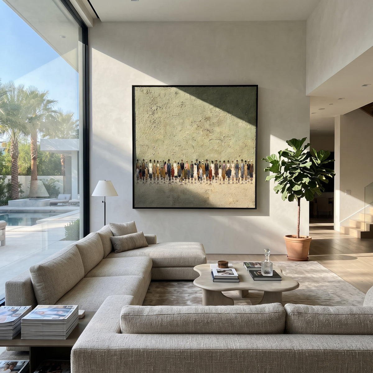 The Waiting Line - figurative crowd painting shown in modern room setting 5