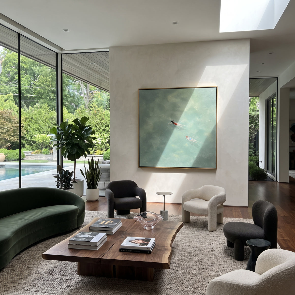 Pale Current for Two - swimmers painting displayed in a styled interior