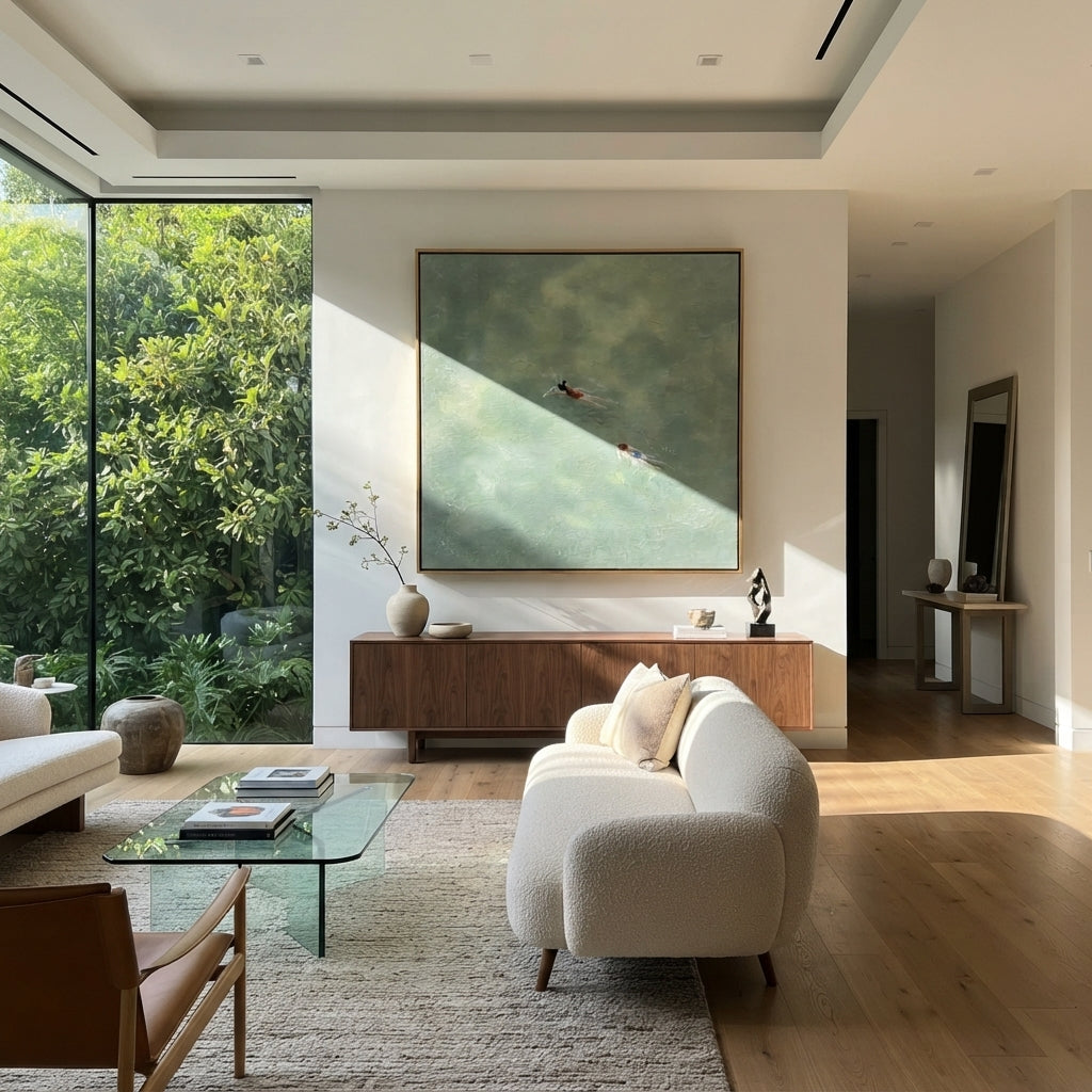 Pale Current for Two - swimmers painting shown in modern room setting 2