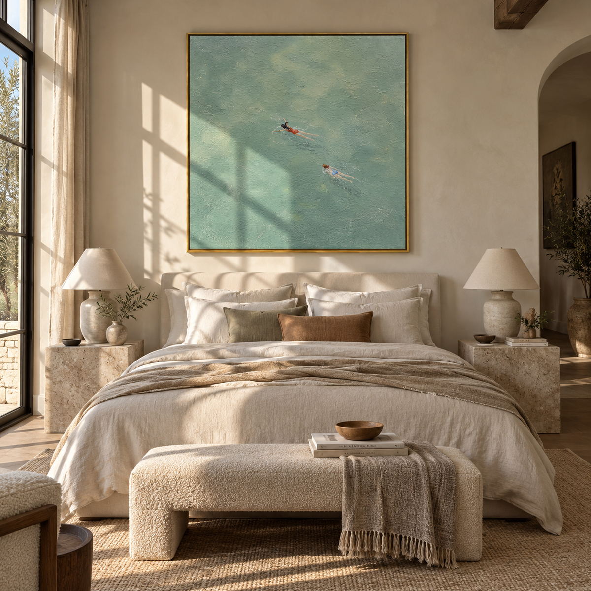 Pale Current for Two - swimmers painting shown in modern room setting 4
