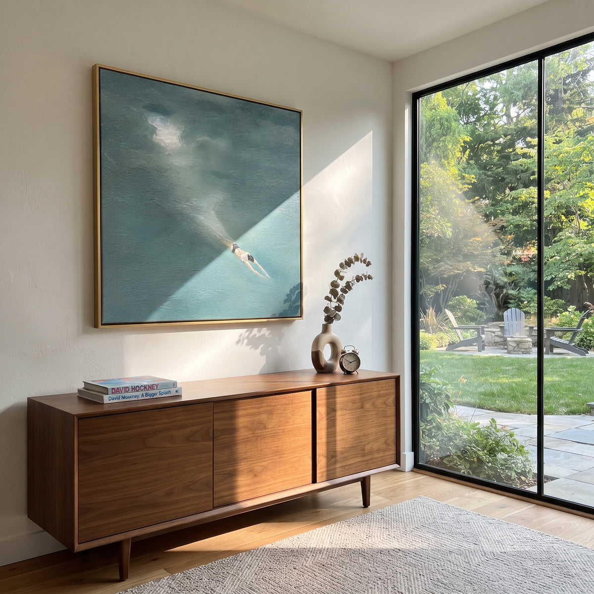 Moonlit Stroke - swimmer painting displayed in a styled interior