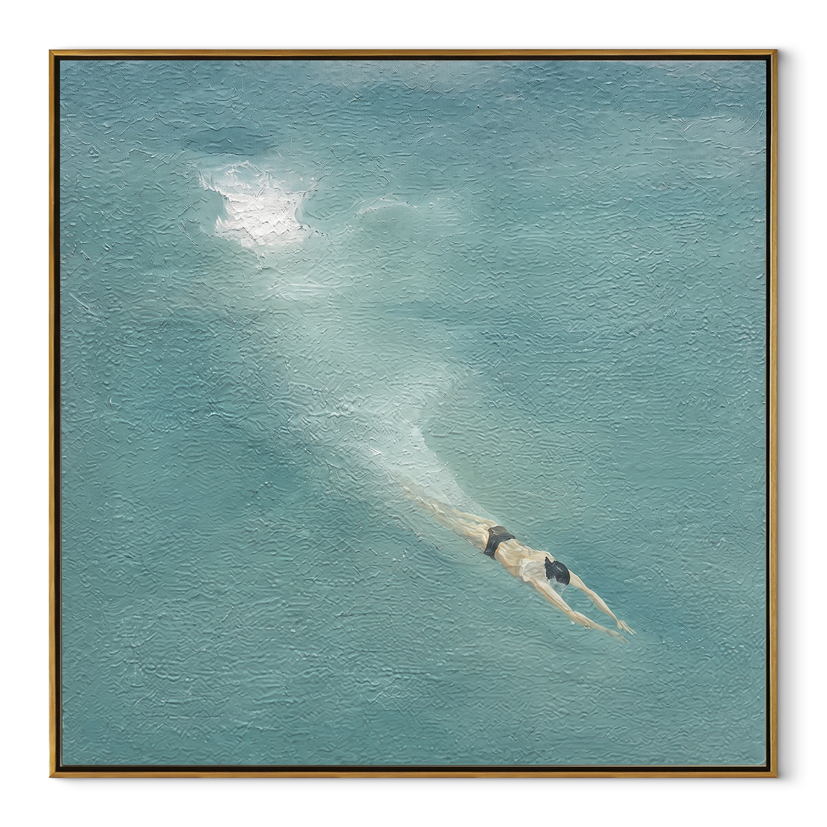 Moonlit Stroke - swimmer painting in a wood frame on white