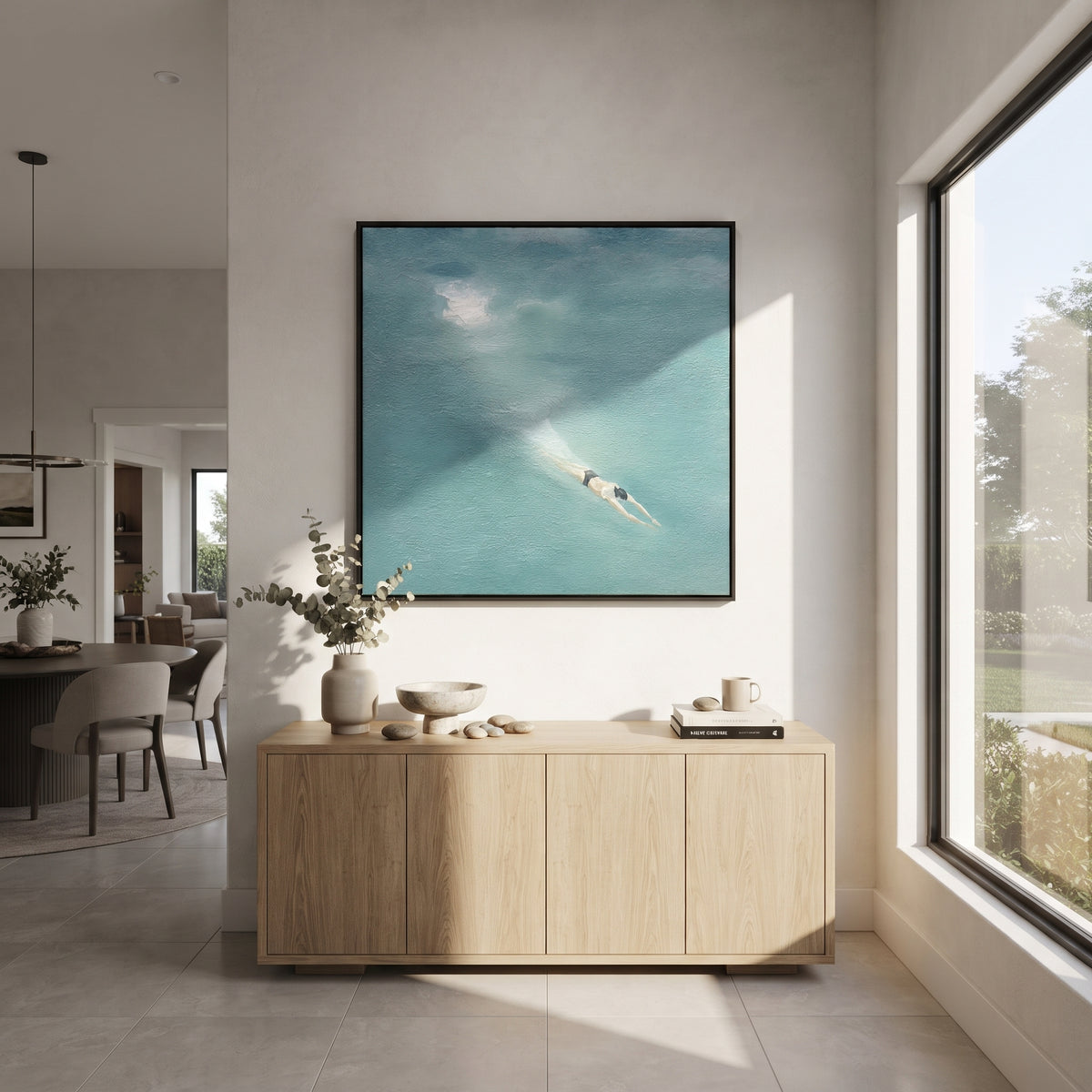 Moonlit Stroke - swimmer painting shown in modern room setting 4