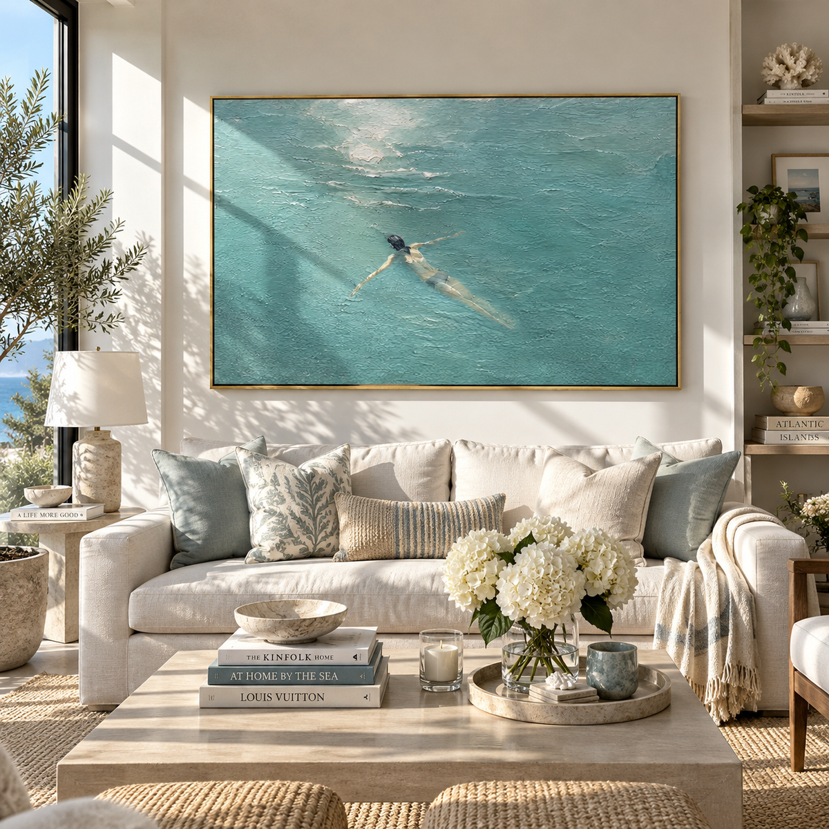 Light Across the Water - swimmer painting displayed in a styled interior