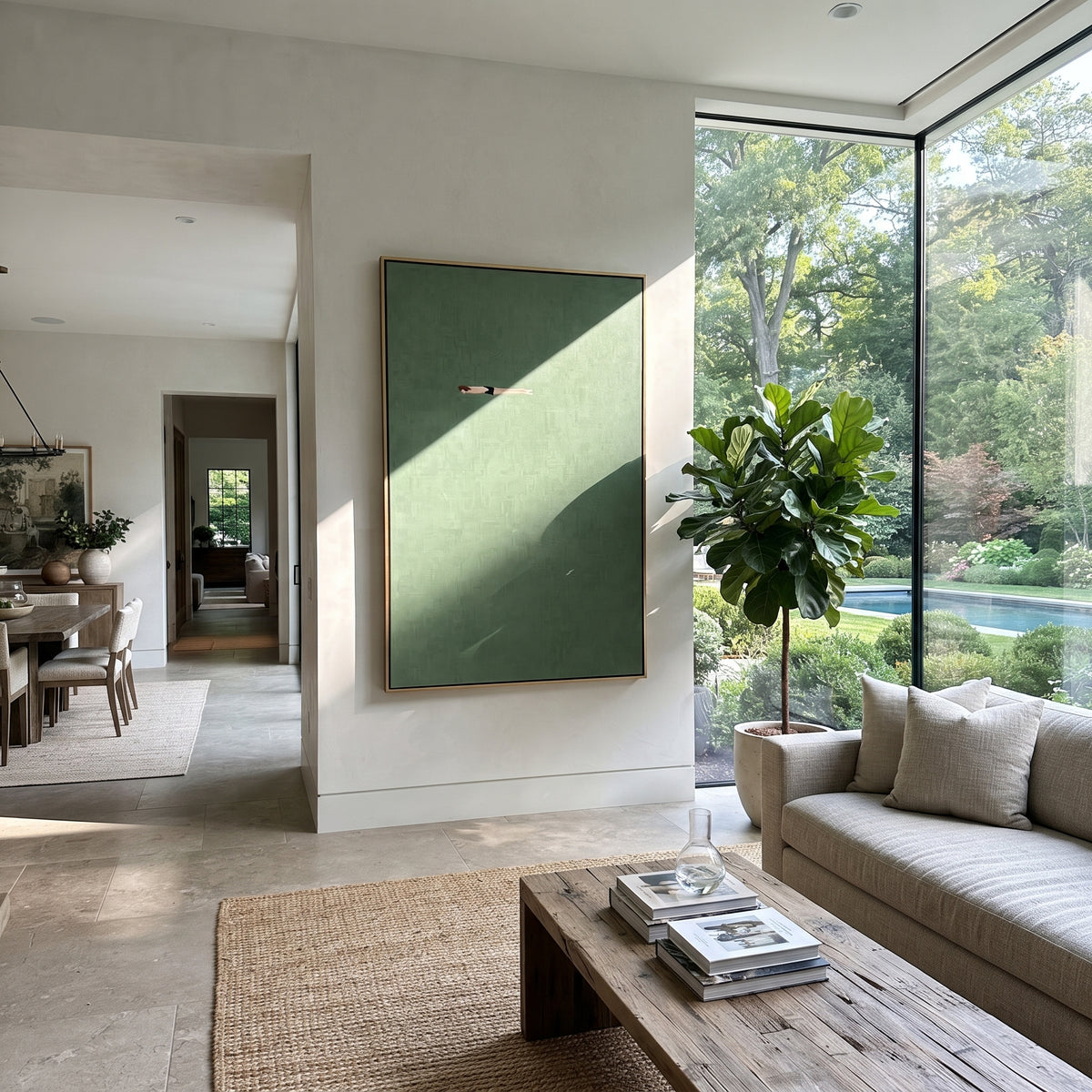 Lone Swimmer in Sage - swimmer painting displayed in a styled interior