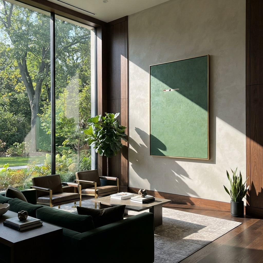 Lone Swimmer in Sage - swimmer painting shown in modern room setting 2