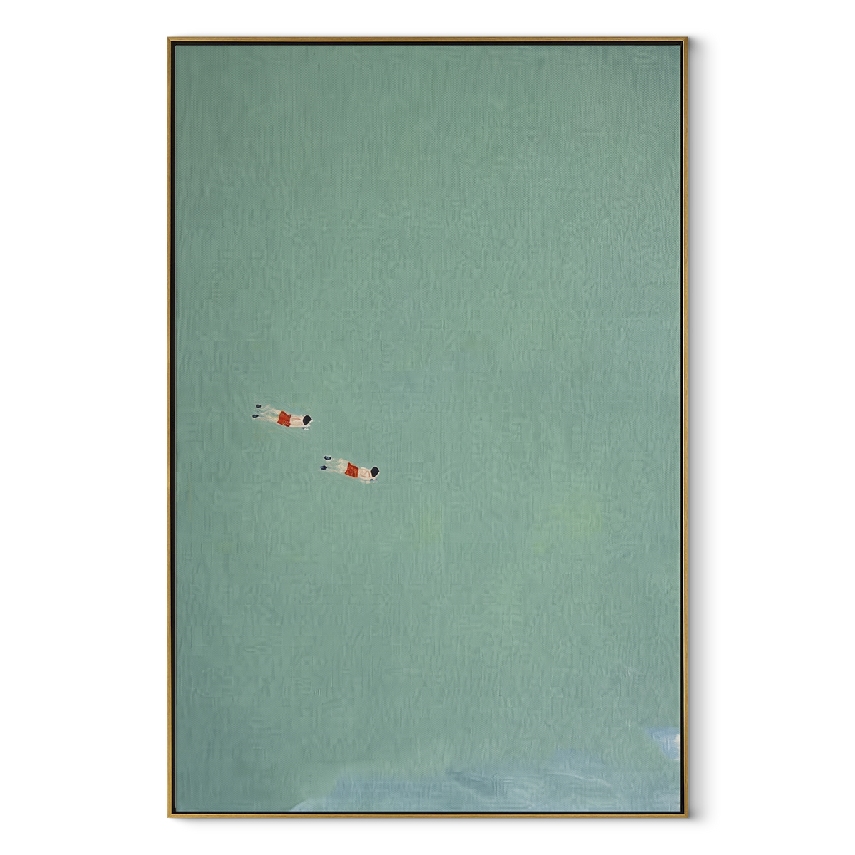 Two Points in Blue - two swimmers painting in a wood frame on white