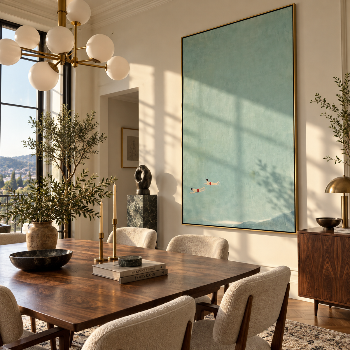 Near the Lower Tide - two swimmers painting displayed in a styled interior