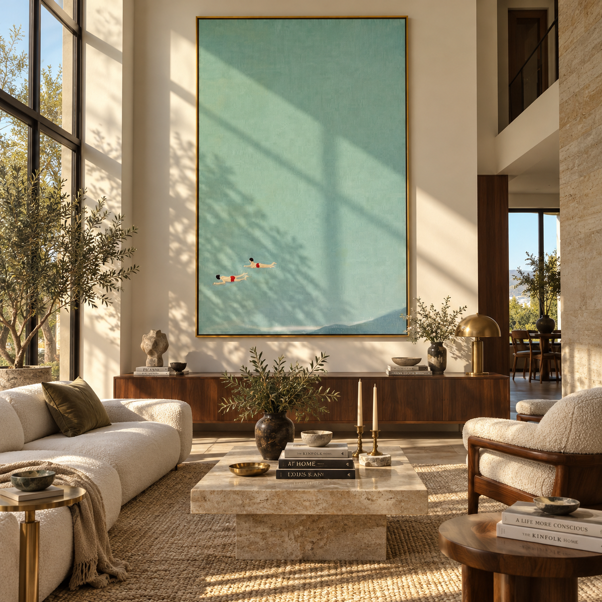 Near the Lower Tide - two swimmers painting shown in modern room setting 2