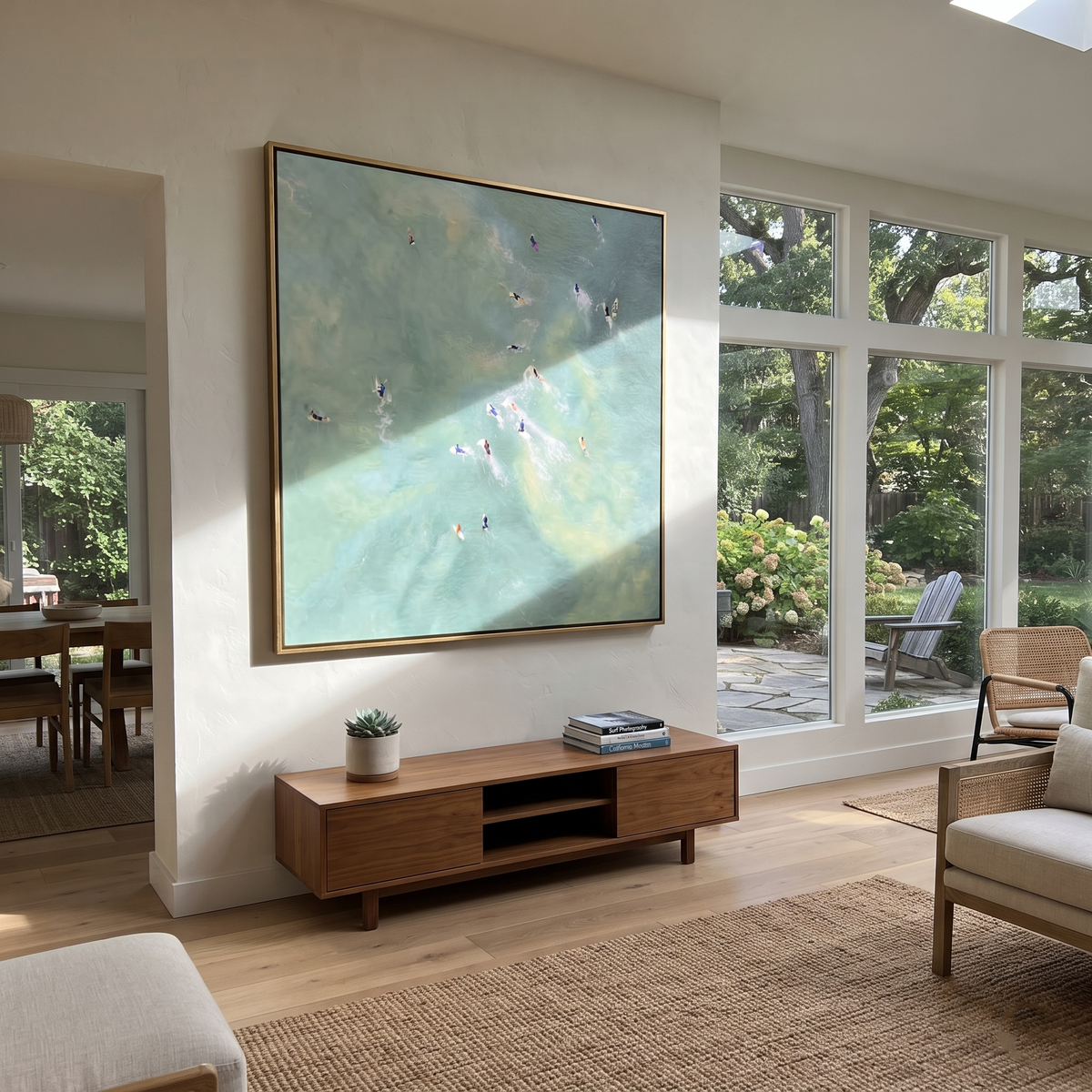 Poolside Constellation - aerial swimmers painting displayed in a styled interior
