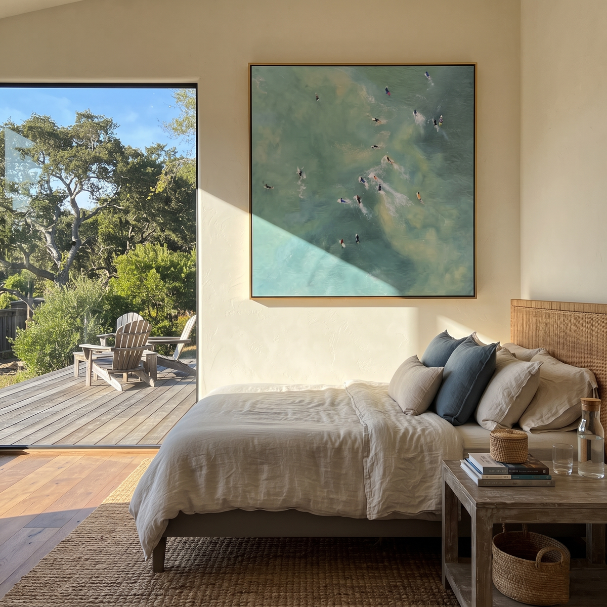 Poolside Constellation - aerial swimmers painting shown in modern room setting 2