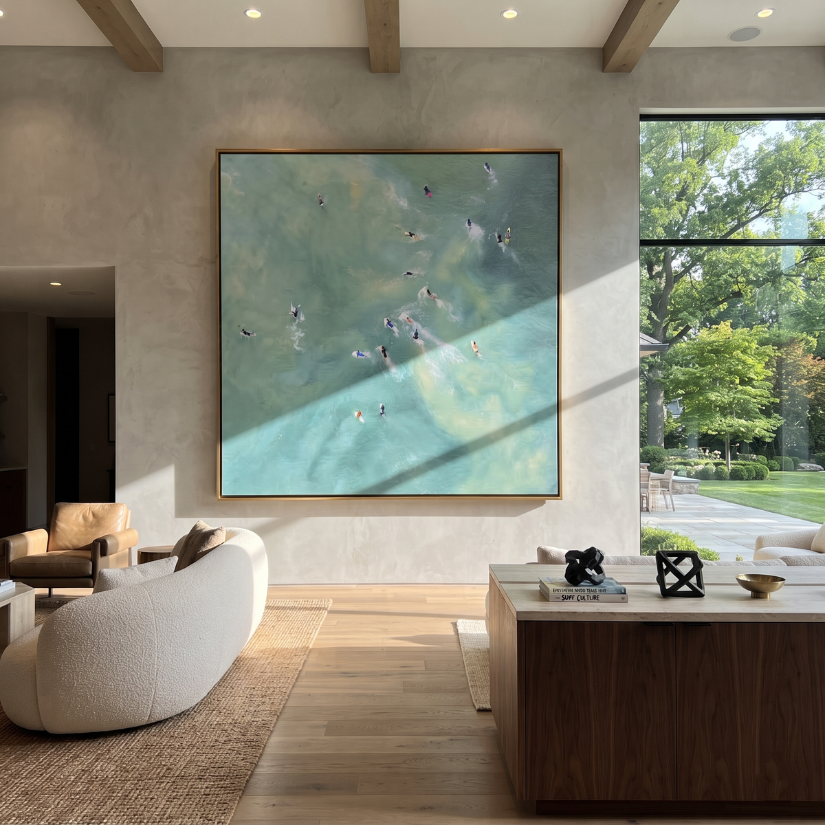 Poolside Constellation - aerial swimmers painting shown in modern room setting 3