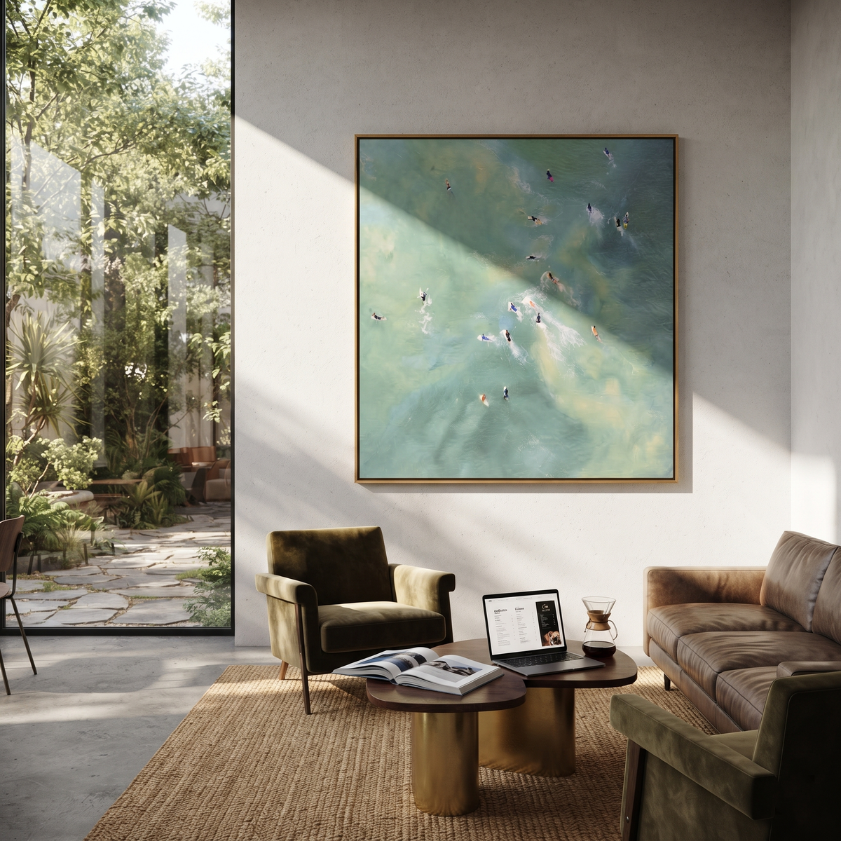 Poolside Constellation - aerial swimmers painting shown in modern room setting 4