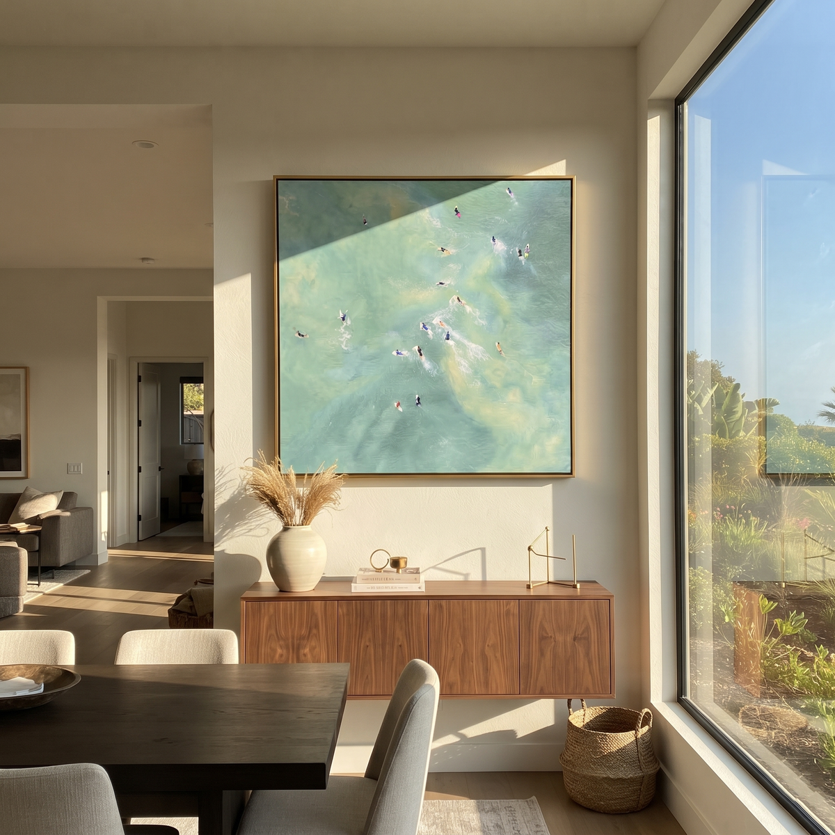 Poolside Constellation - aerial swimmers painting shown in modern room setting 5