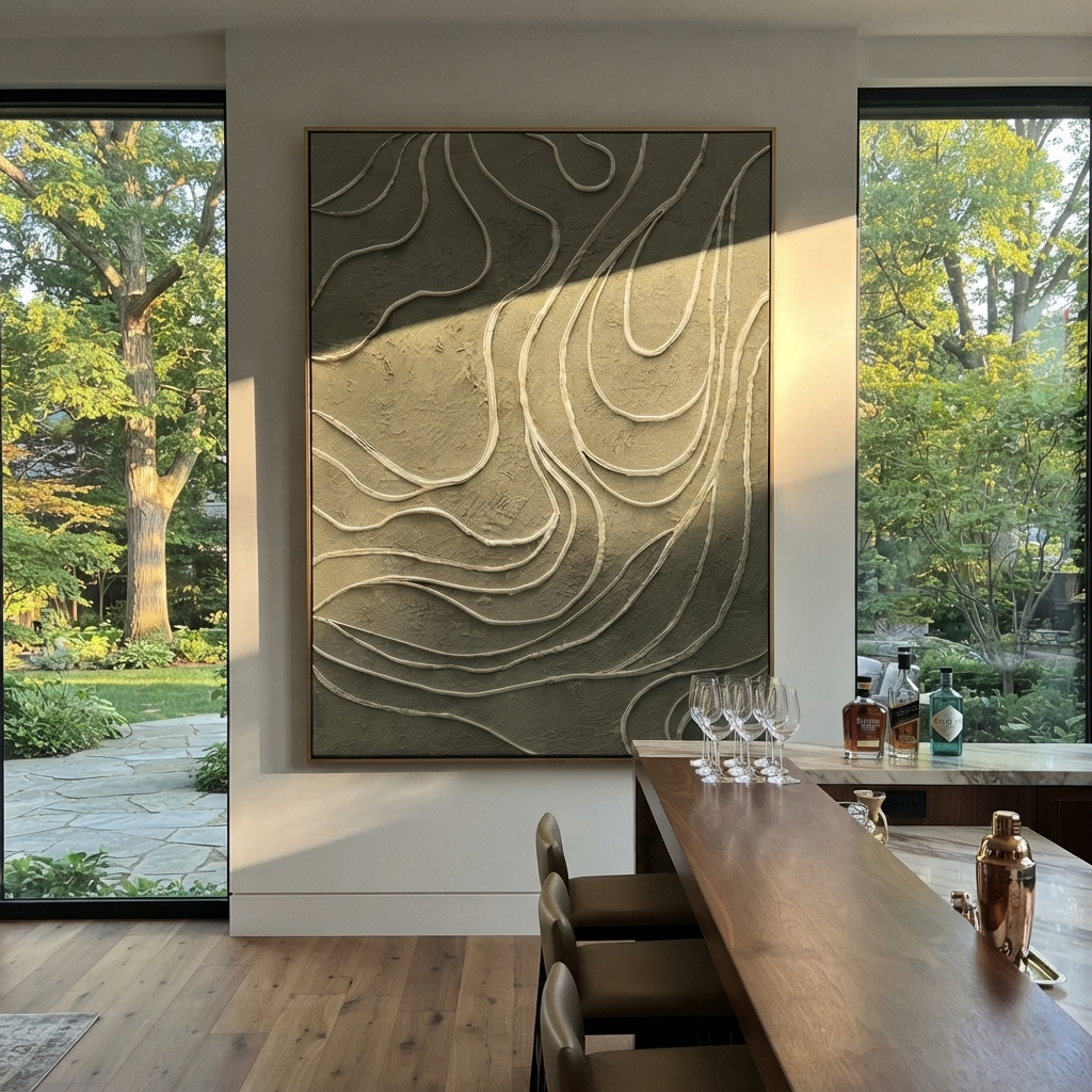 Contours of the Green - topographic abstract painting shown in modern room setting 2
