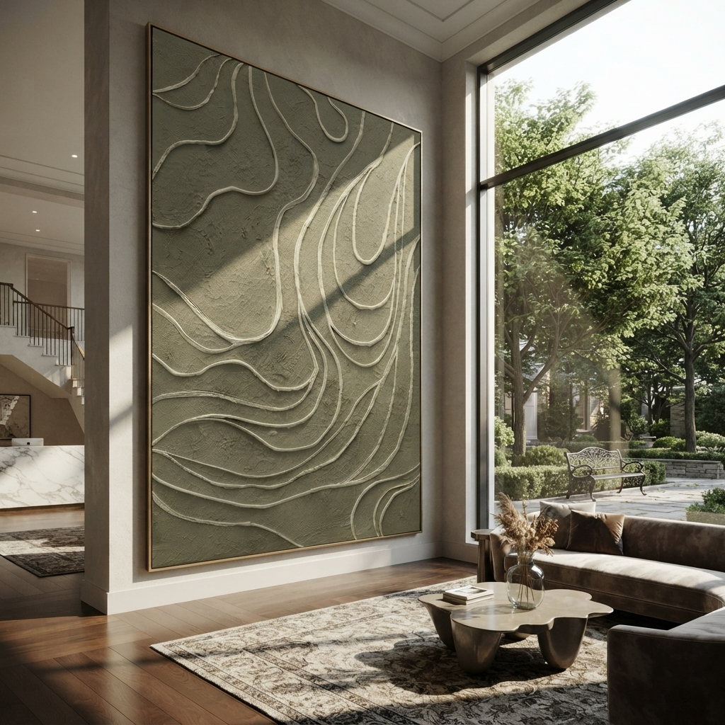 Contours of the Green - topographic abstract painting shown in modern room setting 5