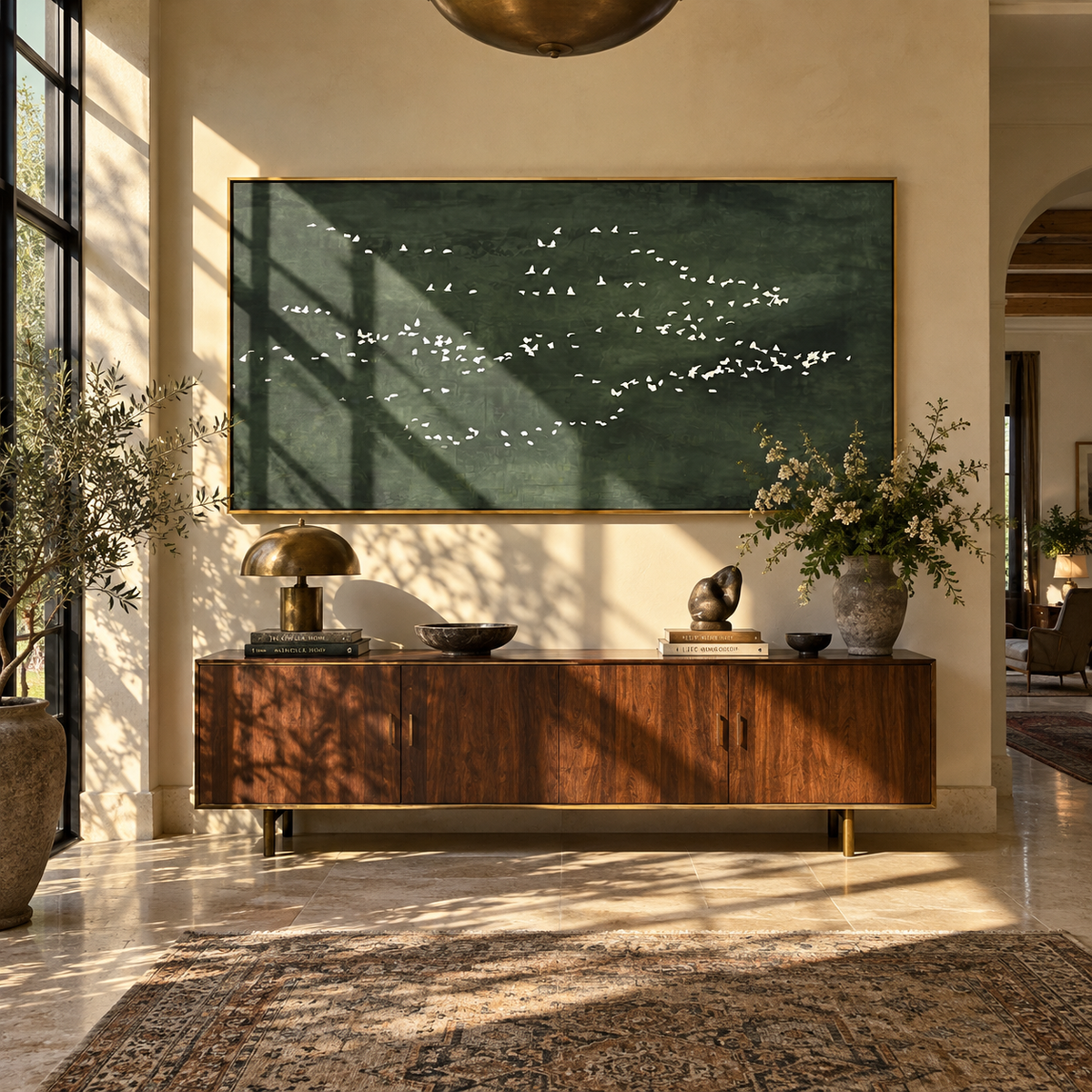 White Flock at Dusk - abstract bird flock painting displayed in a styled interior