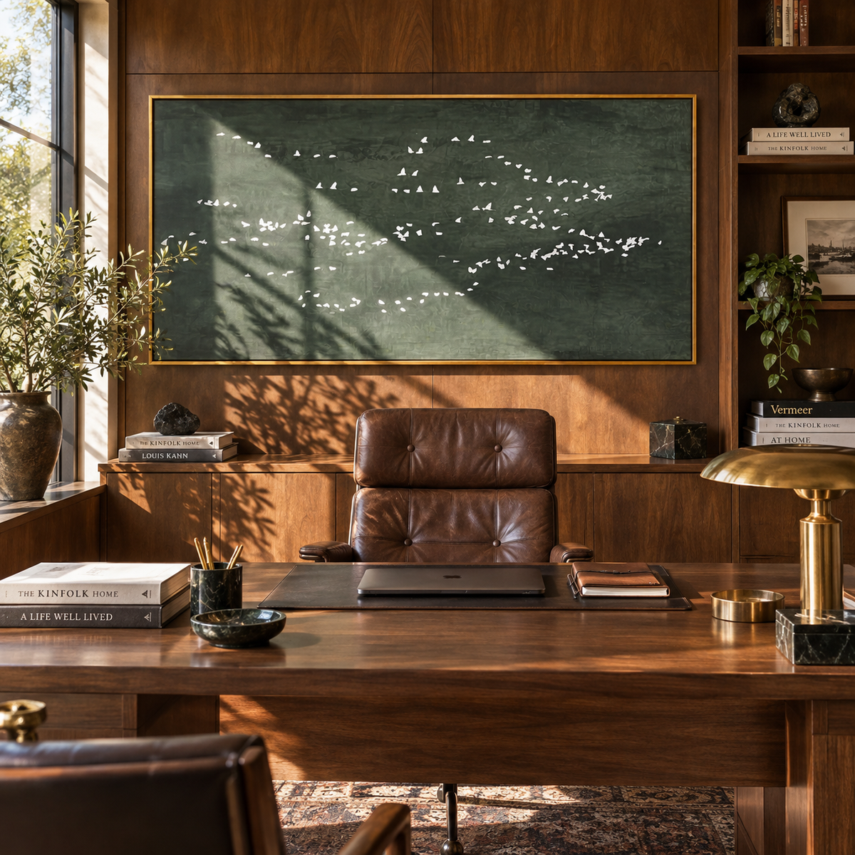 White Flock at Dusk - abstract bird flock painting shown in modern room setting 2