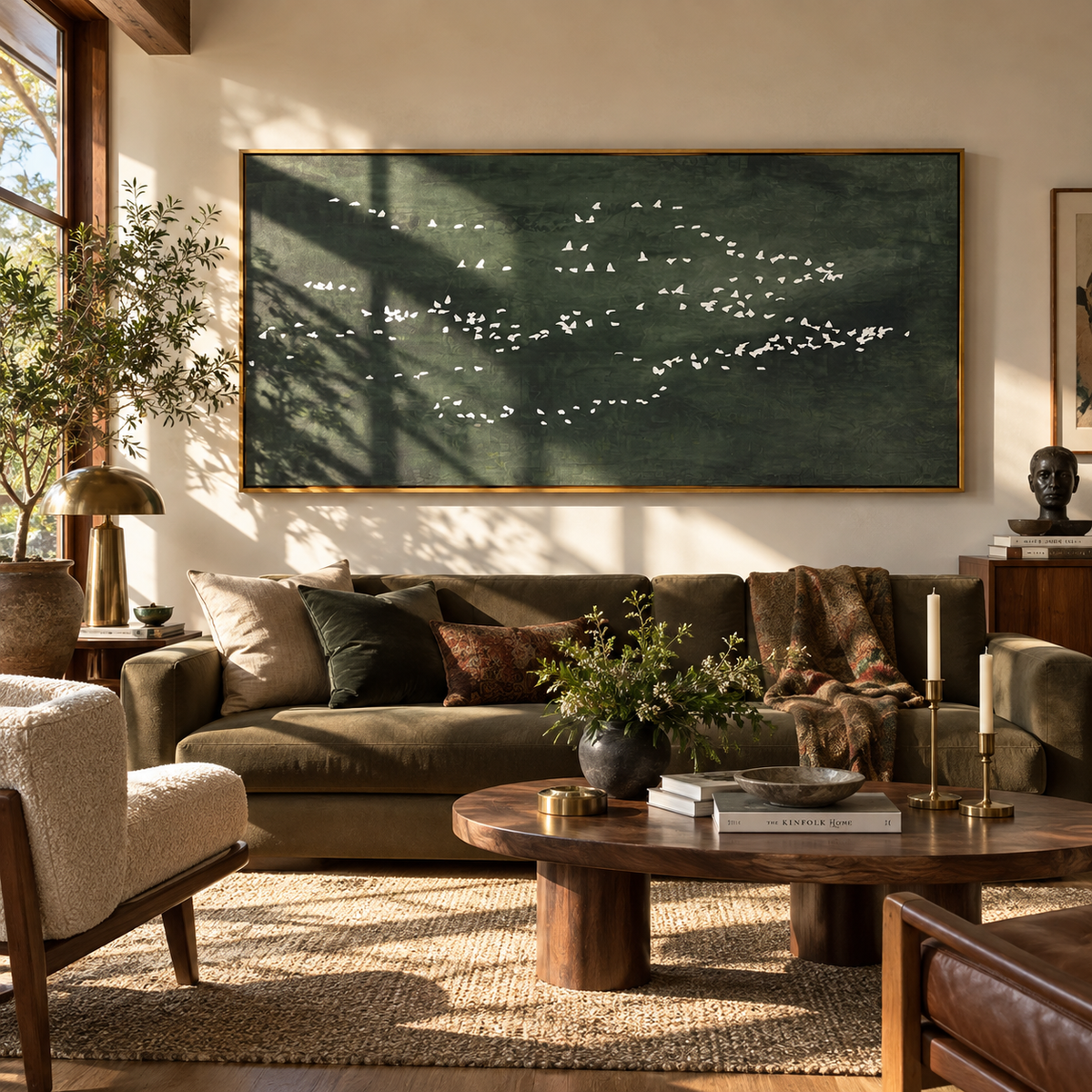 White Flock at Dusk - abstract bird flock painting shown in modern room setting 4