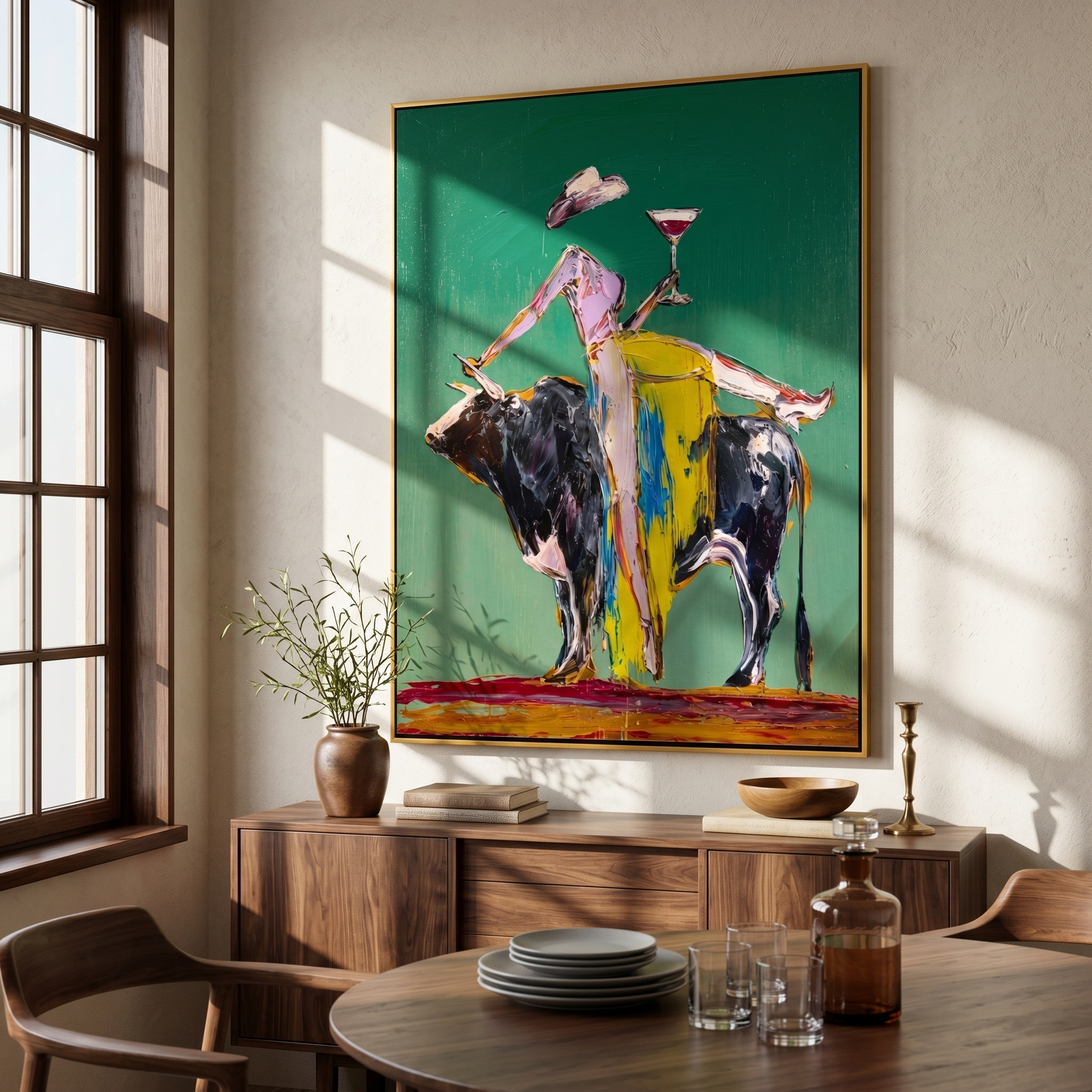 The Rodeo Toast – Vintage Americana Abstract Cowgirl & Bull Painting | Bold Western Living Room Wall Art