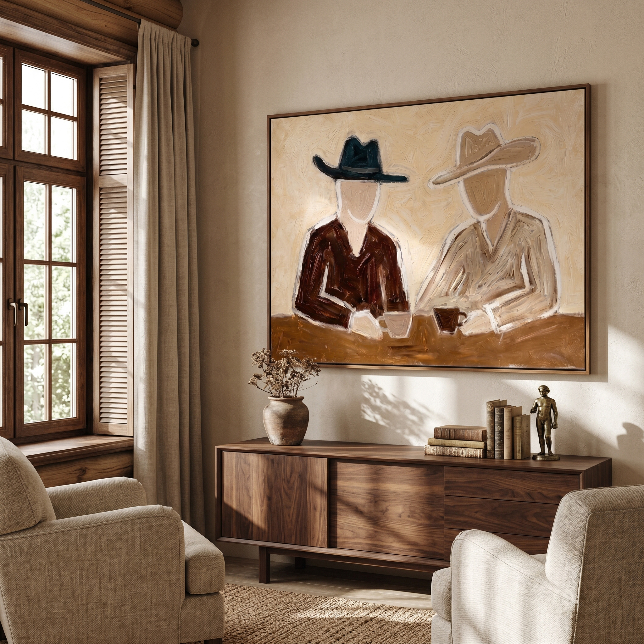 Ranch Talk – Vintage Americana Two Cowboys Coffee Painting | Rustic Farmhouse Living Room Art