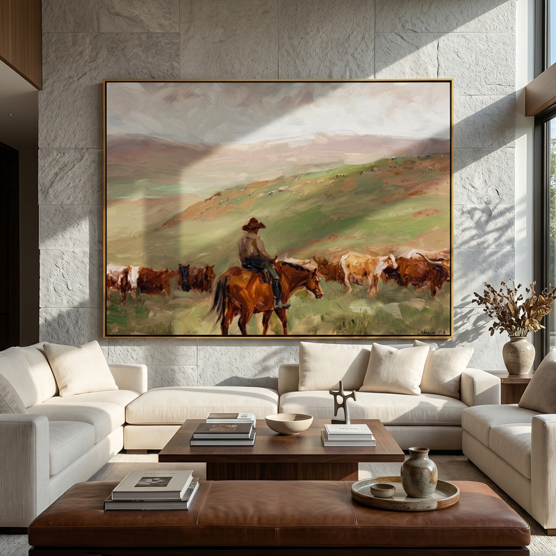 The Long Drive – Vintage Americana Cowboy Cattle Drive Painting | Rustic Landscape Living Room Art