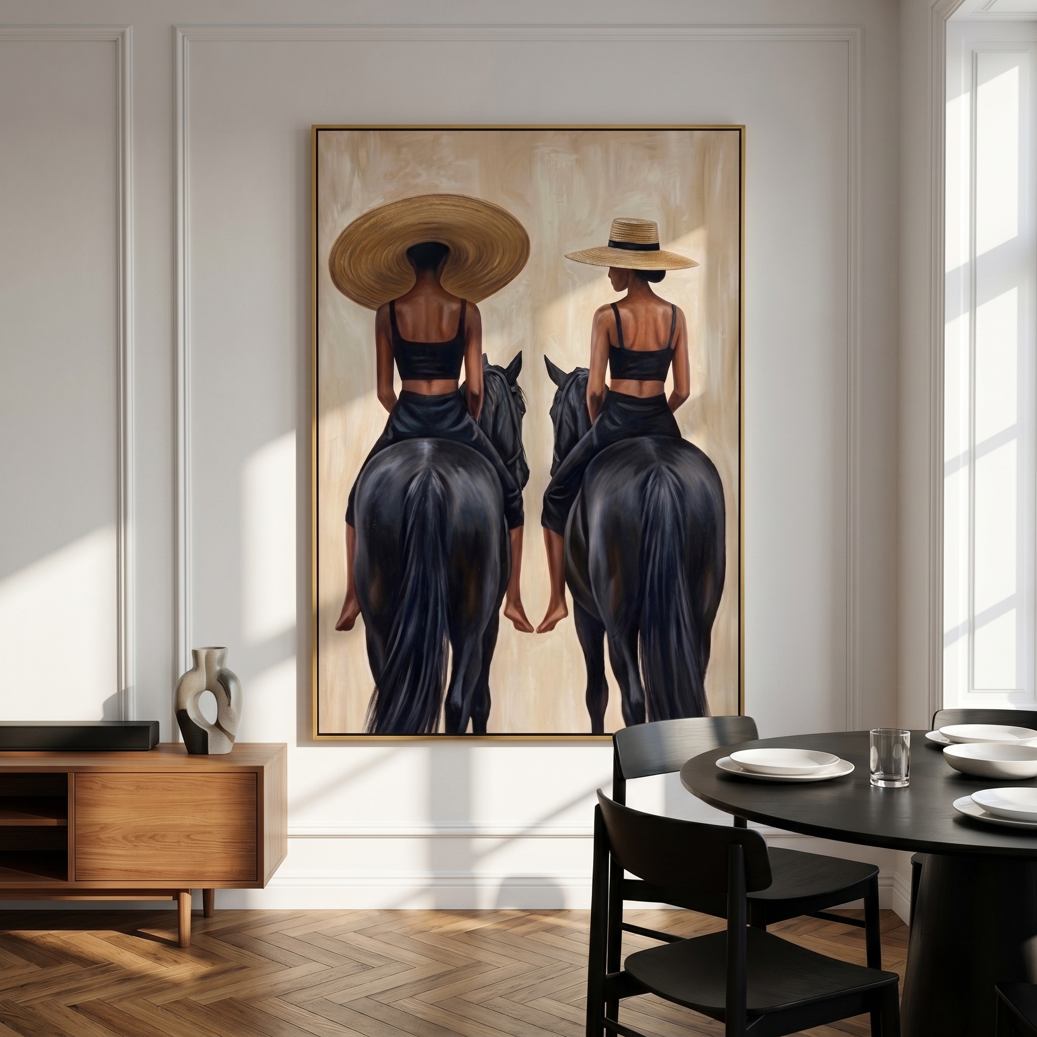 Riding Sisters – Vintage Americana Two Women on Black Horses Painting | Luxury Modern Living Room Art