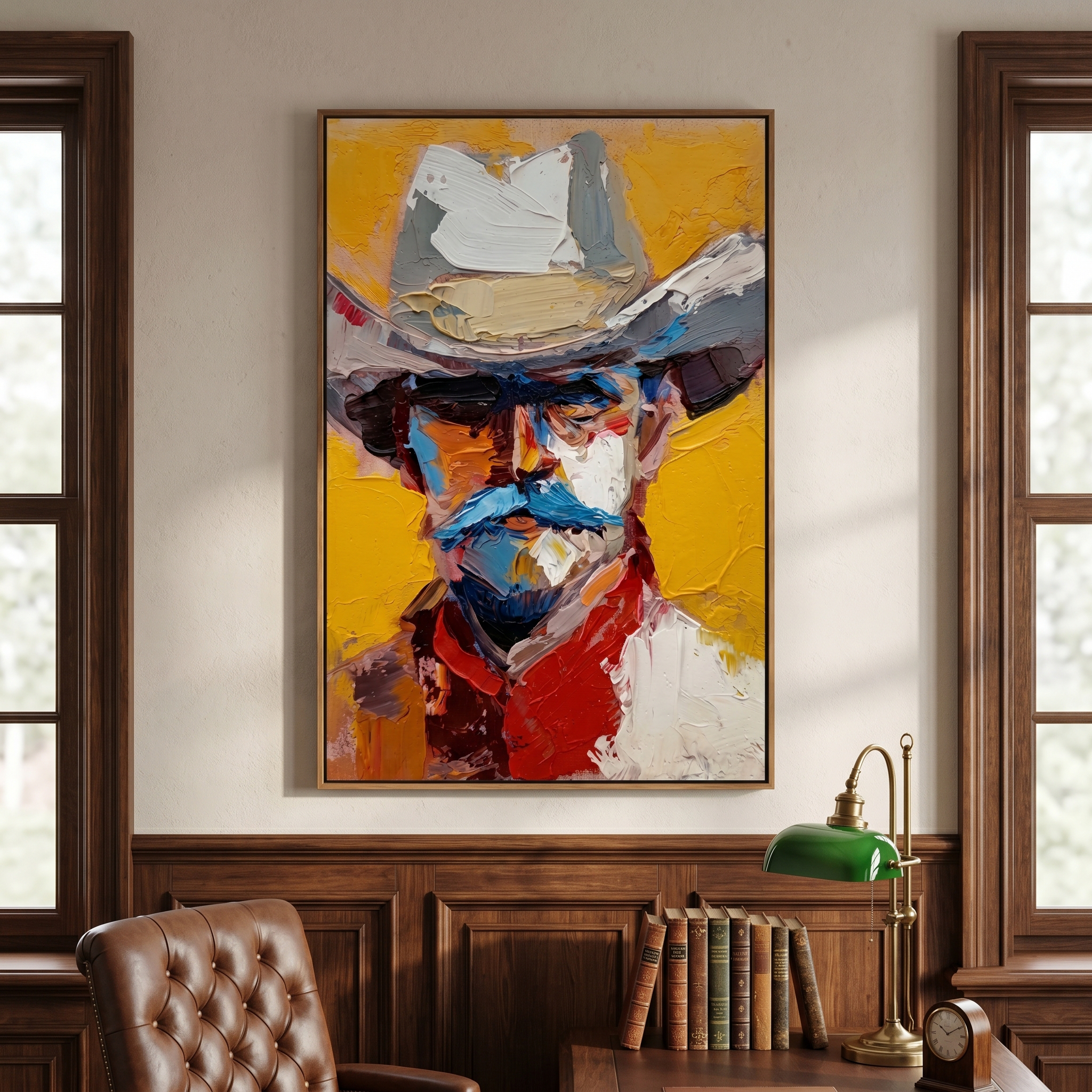 Frontier Face – Vintage Americana Impasto Cowboy Portrait Painting | Bold Colorful Living Room Art