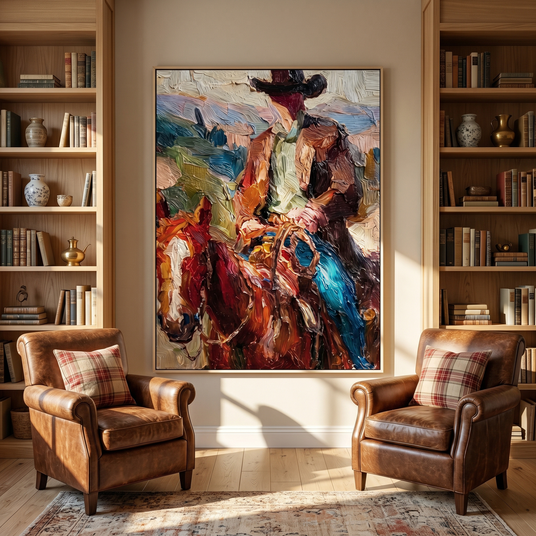 Saddle Fire – Vintage Americana Heavy Textured Cowboy on Horse Painting | Colorful Rustic Living Room Art