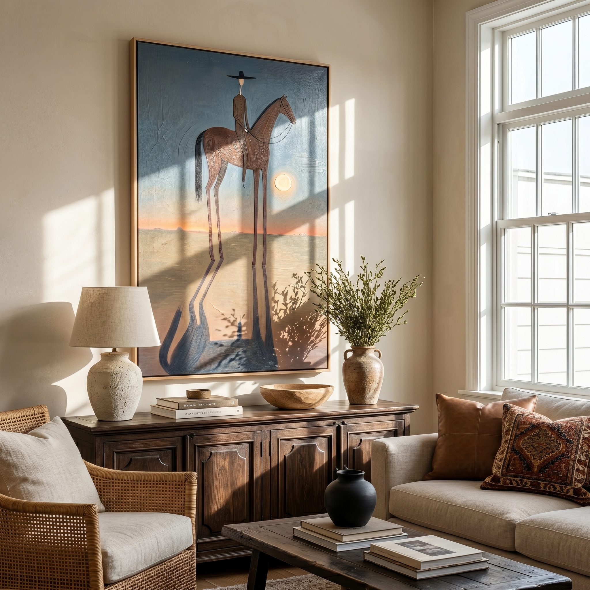 Last Light Rider – Vintage Americana Cowboy at Sunset Painting | Atmospheric Western Living Room Art