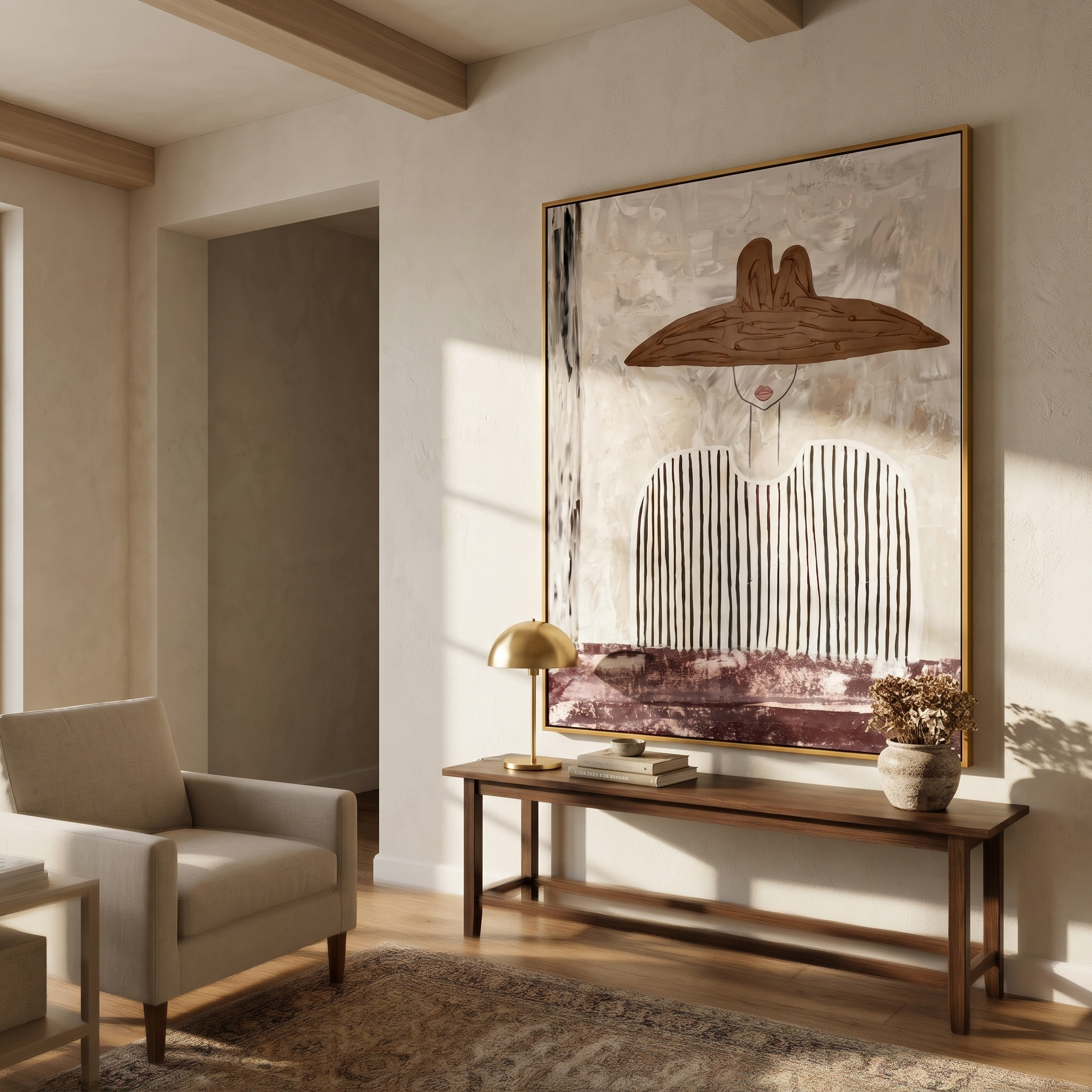 The Brown Brim – Vintage Americana Minimalist Woman in Hat Painting | Wabi-Sabi Living Room Art