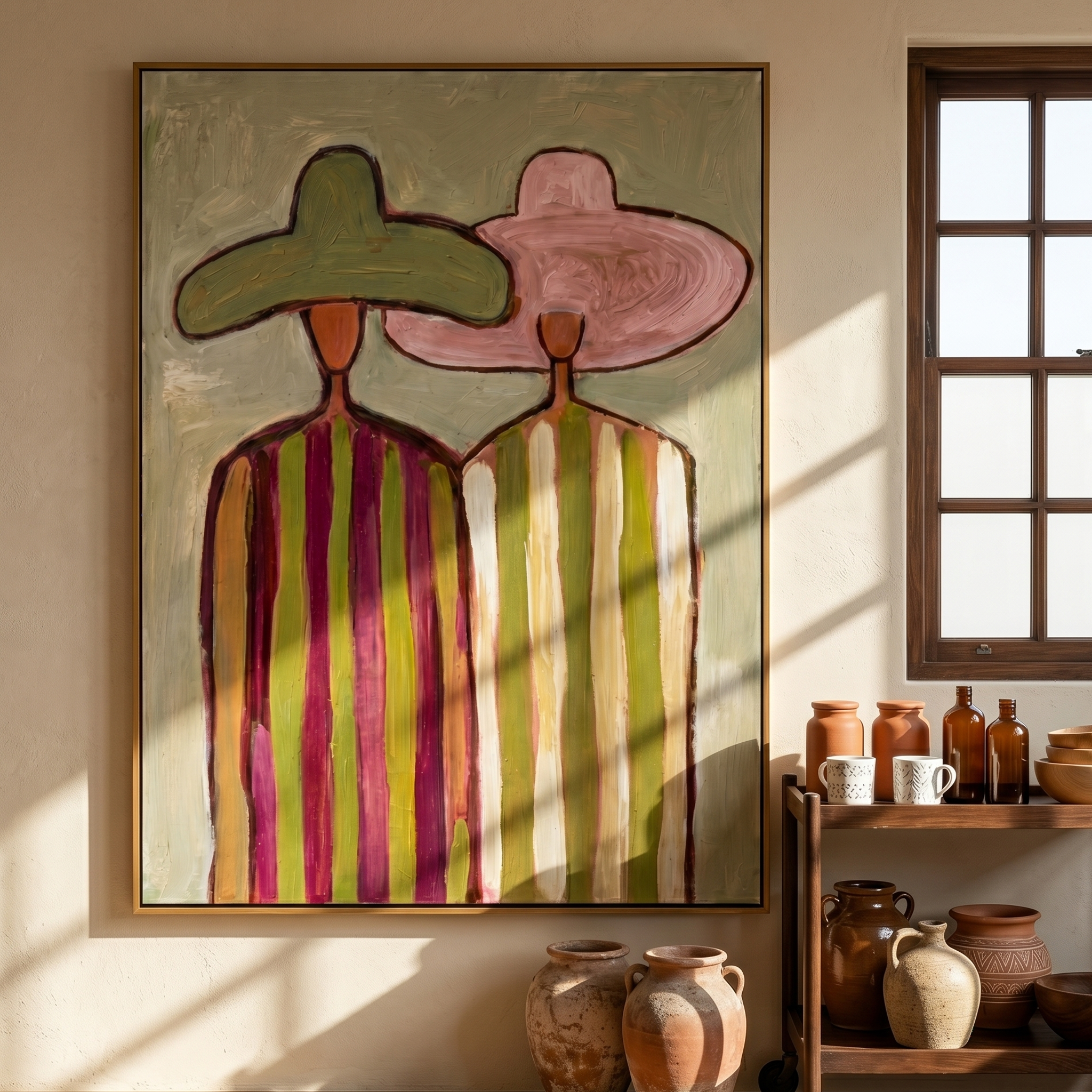 Two Sombreros – Vintage Americana Colorful Couple in Hats Painting | Vibrant Western Living Room Art