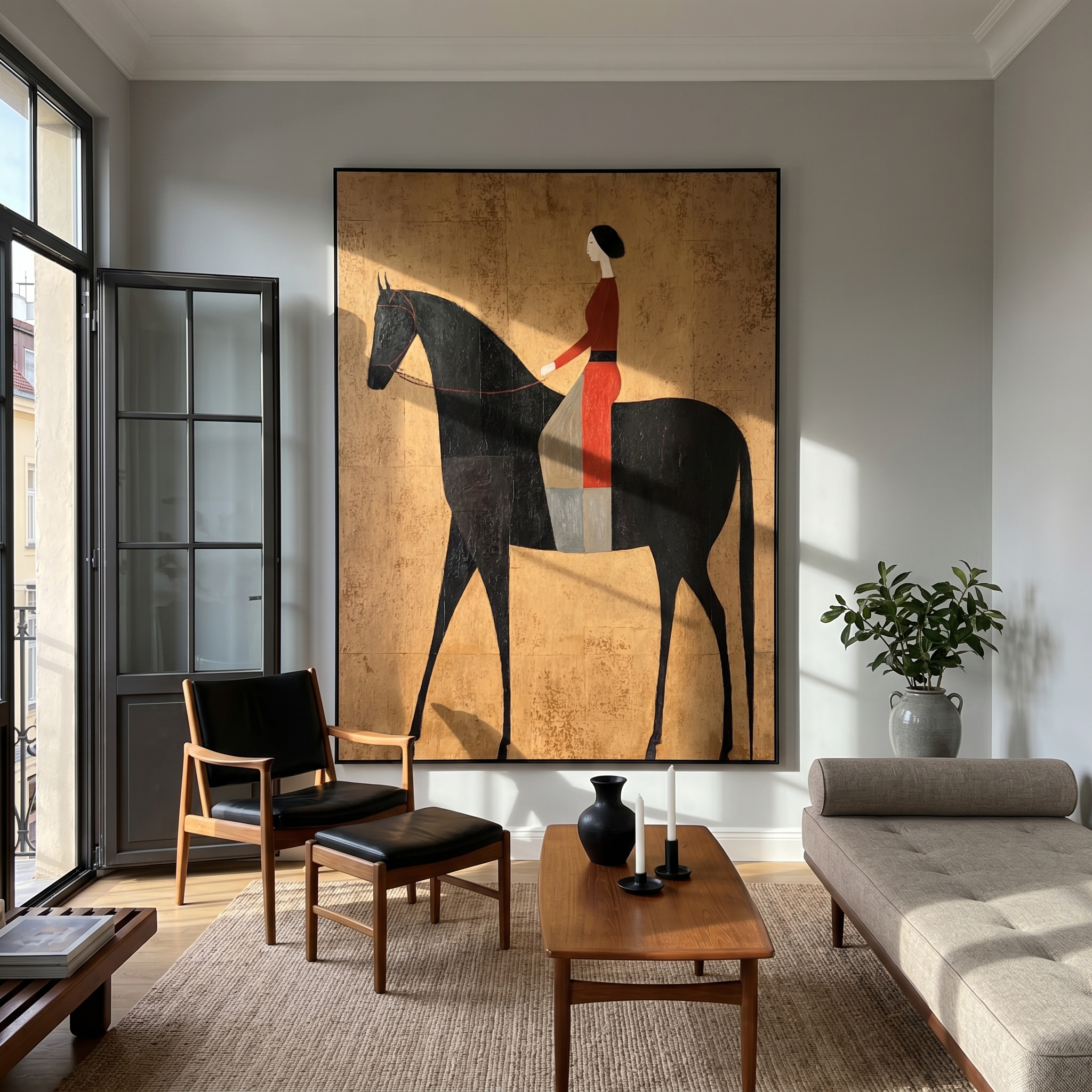 Golden Saddle – Vintage Americana Woman Rider on Black Horse Painting | Modern Luxury Bedroom Art
