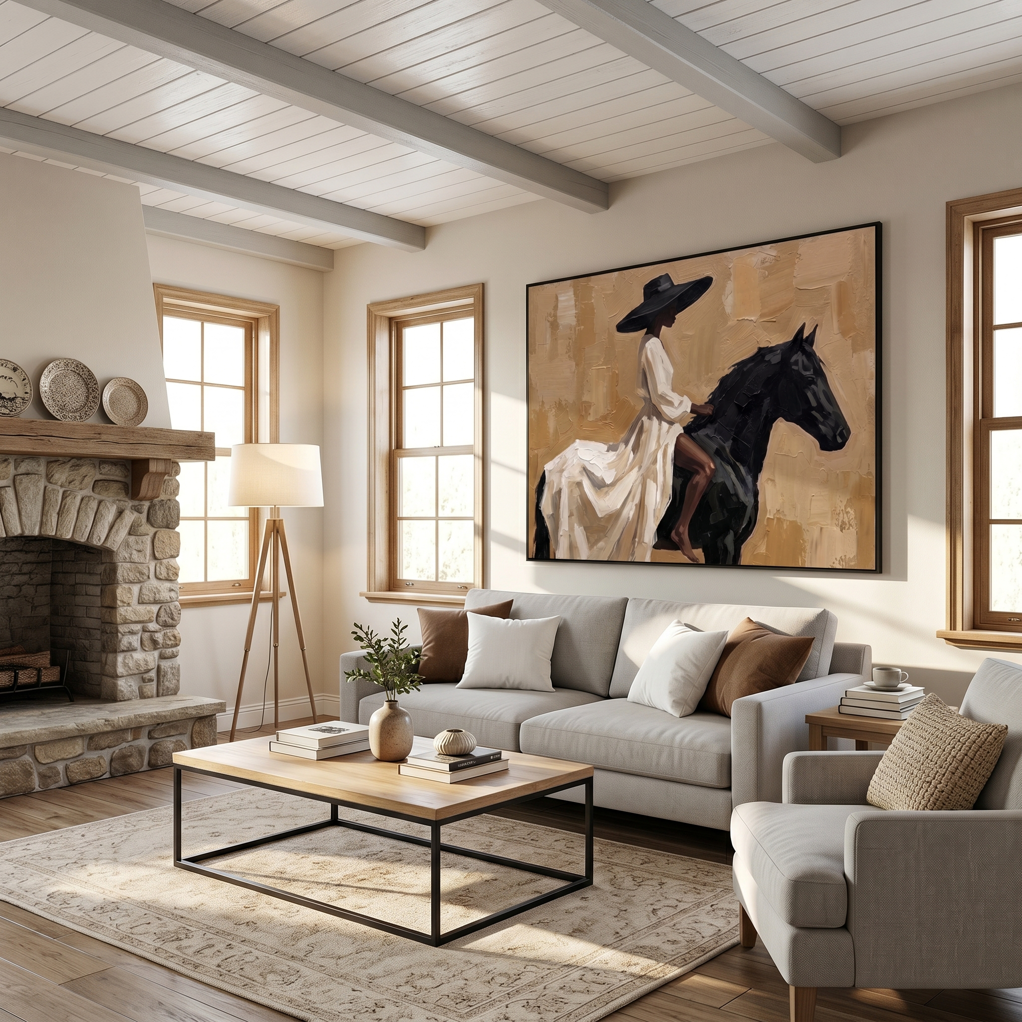 Desert Grace – Vintage Americana Woman in White Dress on Horseback Painting | Rustic Glam Living Room Art