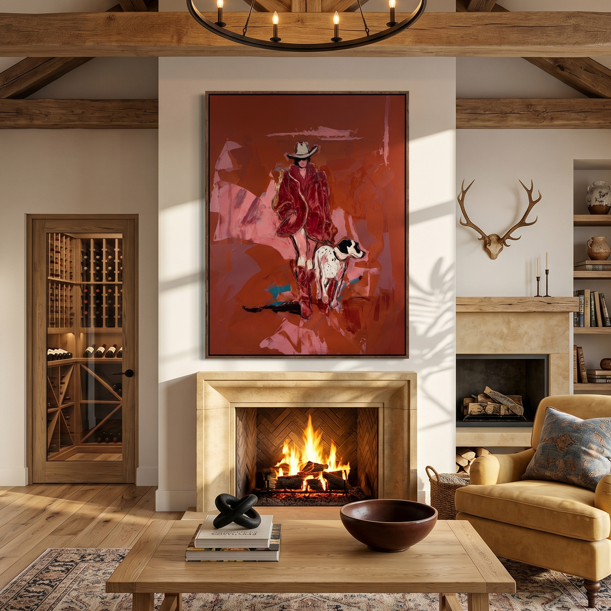 Red Coat Walk – Vintage Americana Cowgirl & Dog Painting | Bold Western Entryway Art