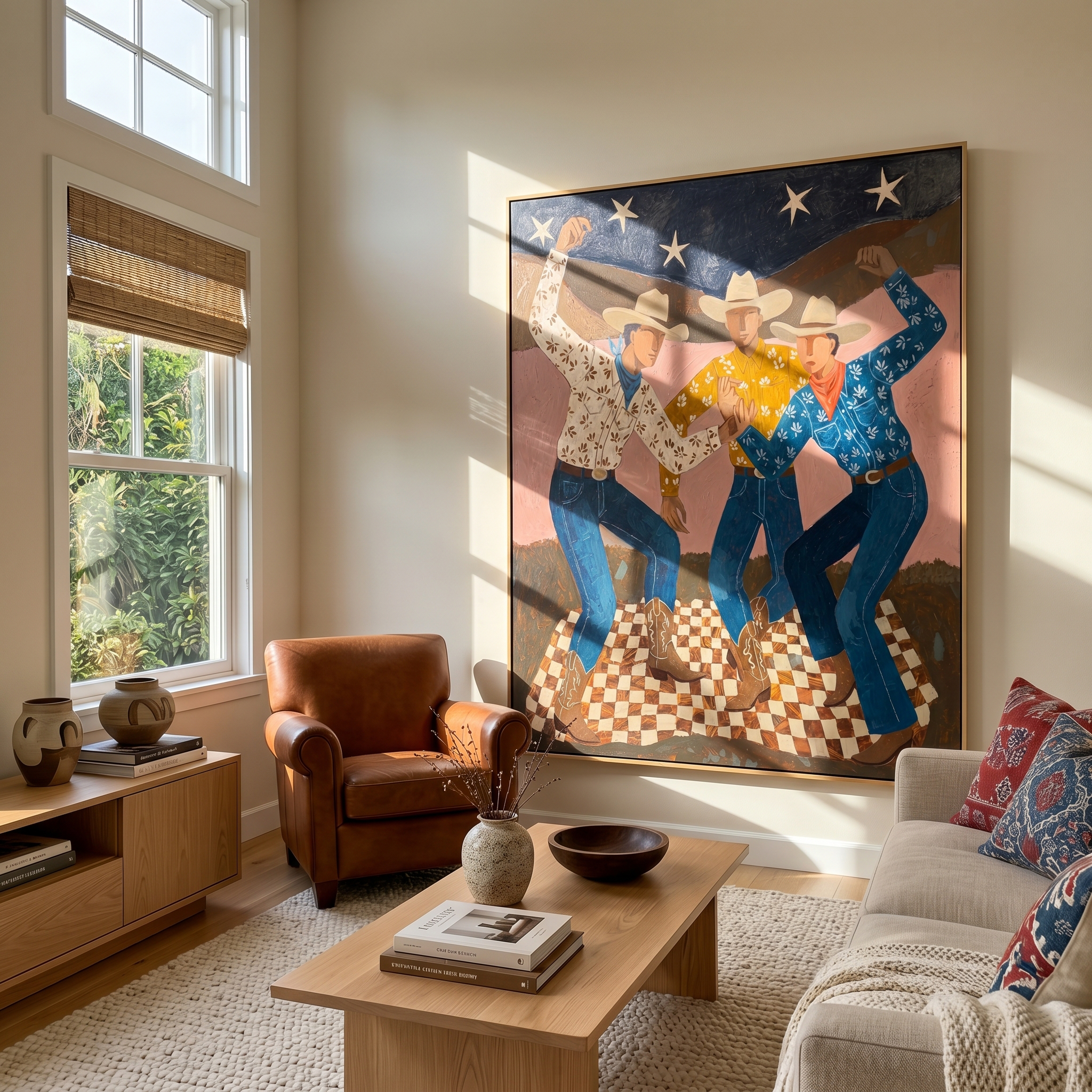 Three Stars Dance – Vintage Americana Cowboys Dancing Under Stars Painting | Festive Western Living Room Art