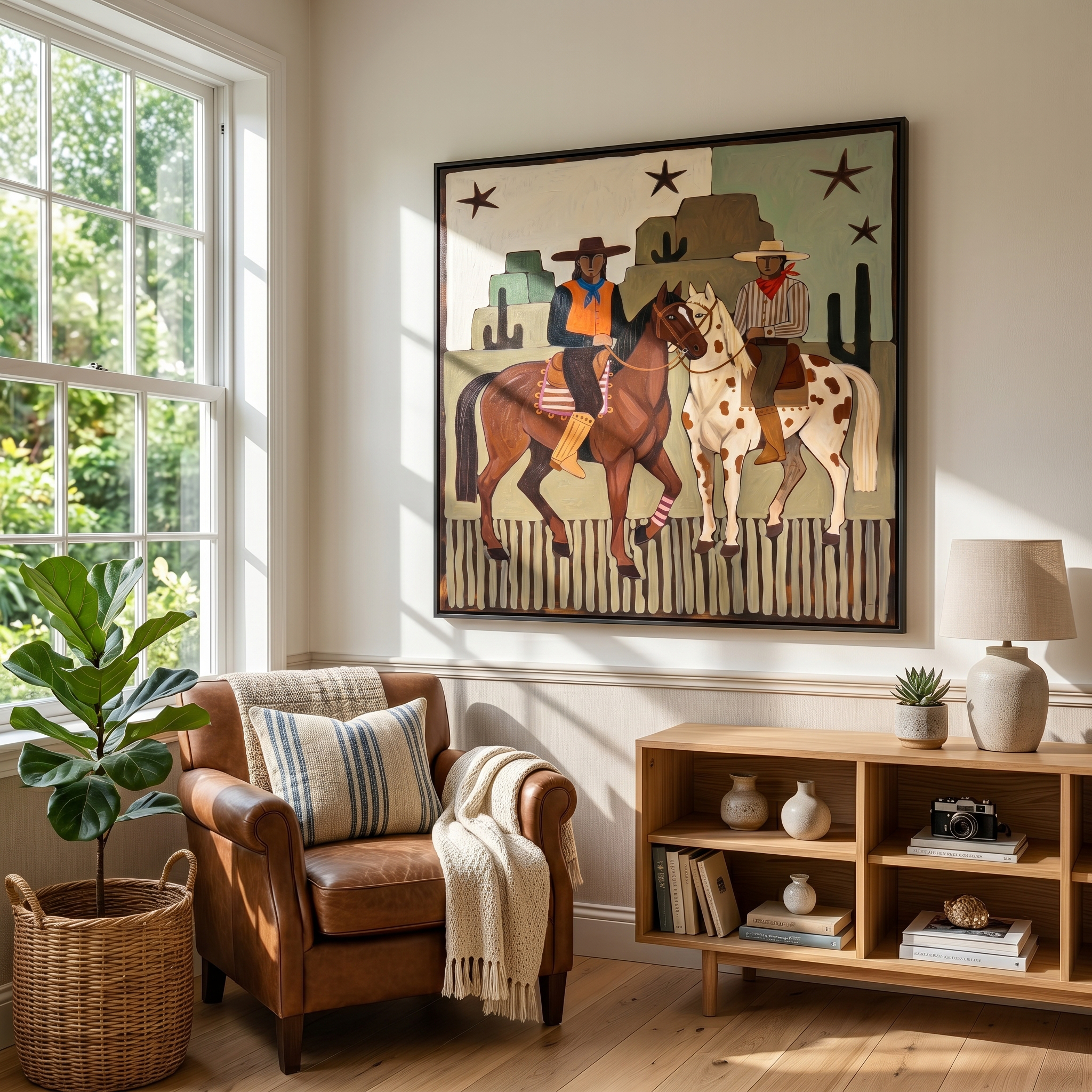 Desert Stars – Vintage Americana Two Cowboys in Desert Landscape Painting | Folk Art Western Living Room Art