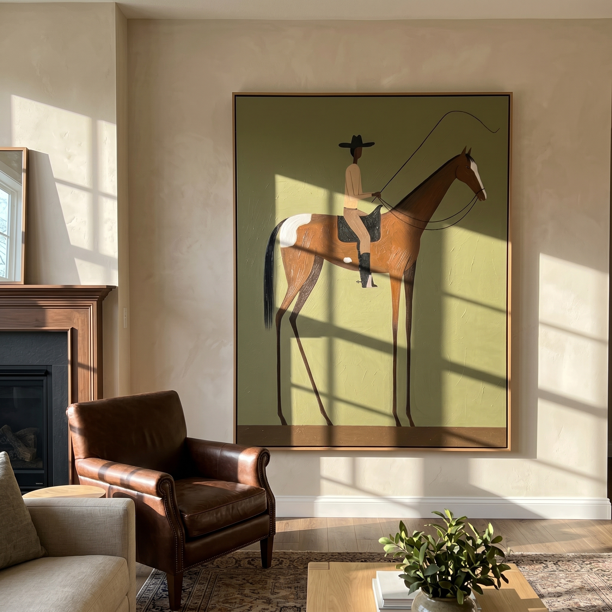 The Whipmaster – Vintage Americana Cowboy on Brown Pinto Painting | Rustic Western Hallway Art