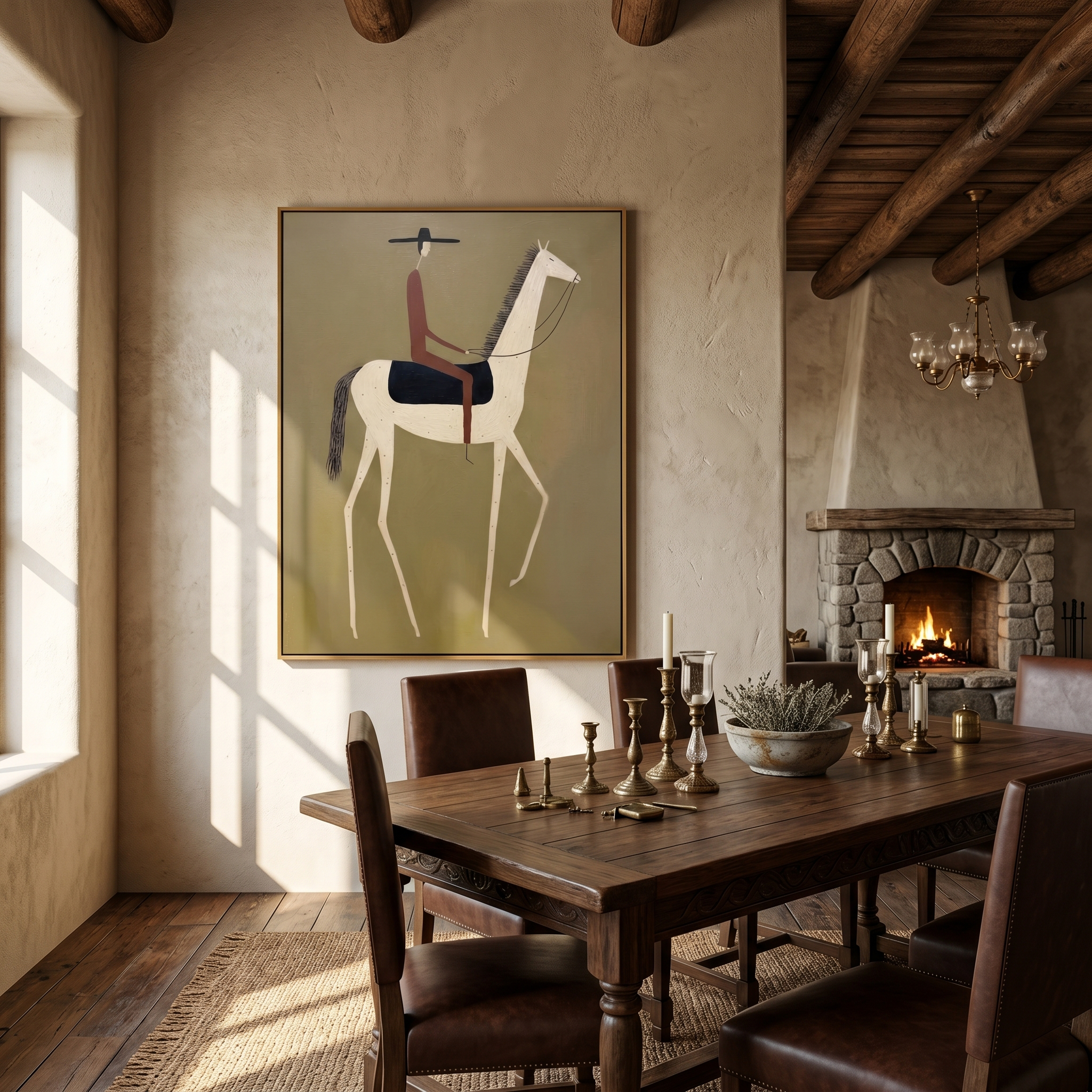 Sage Ride – Vintage Americana Minimalist Rider on Cream Horse Painting | Wabi-Sabi Living Room Art
