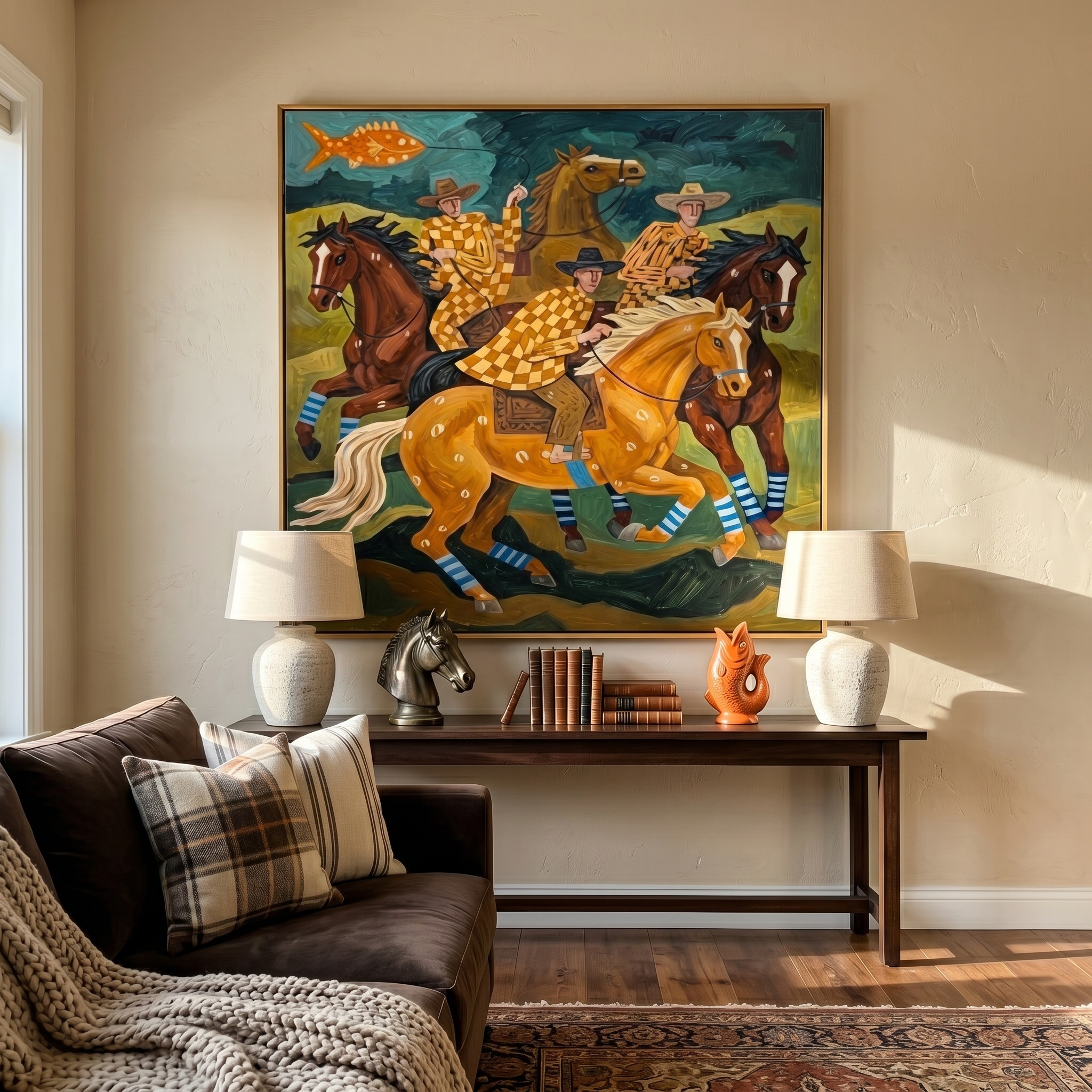 Checkerboard Charge – Vintage Americana Three Riders in Bold Pattern Painting | Colorful Western Living Room Art