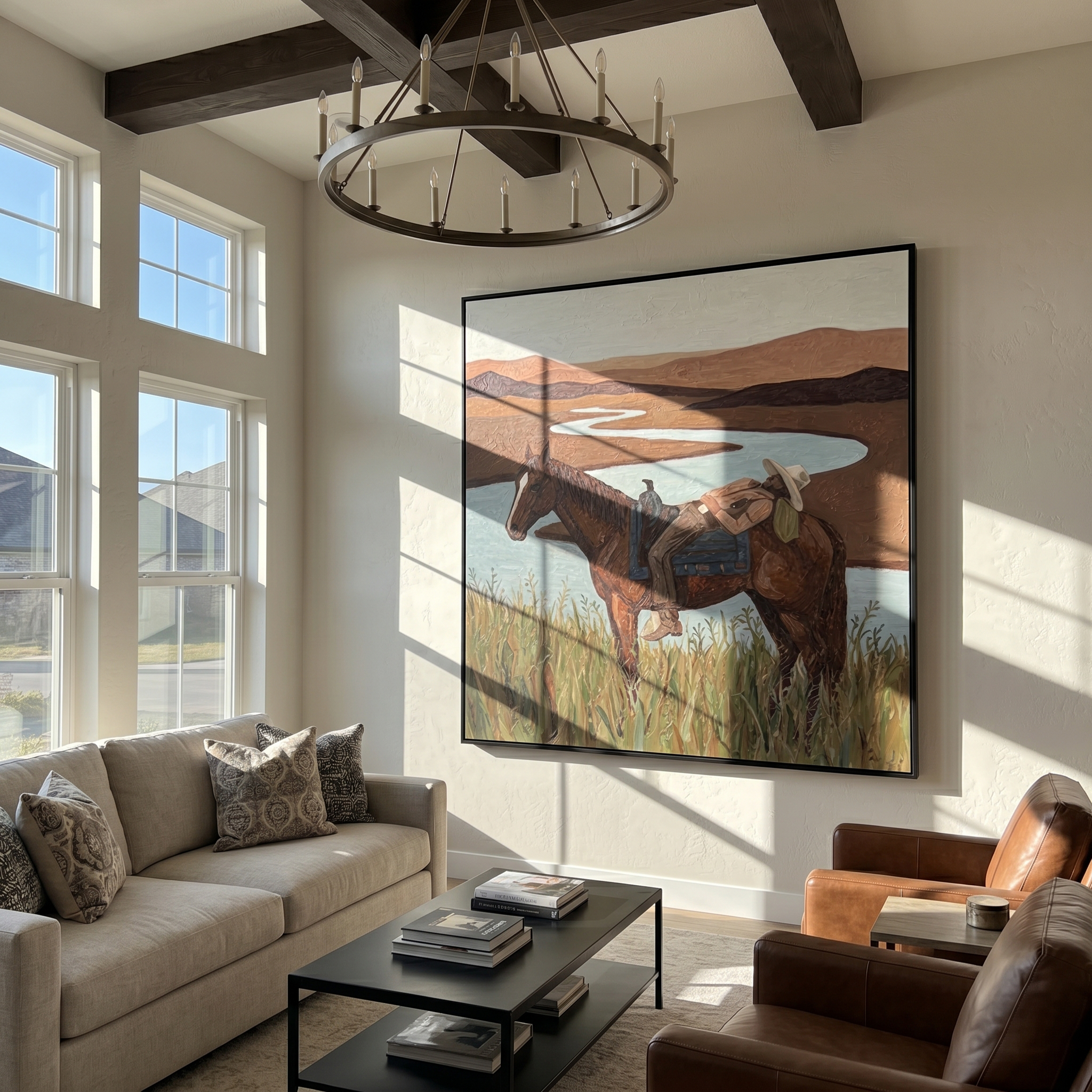 River Rest – Vintage Americana Cowboy Resting by River Painting | Scenic Western Living Room Art